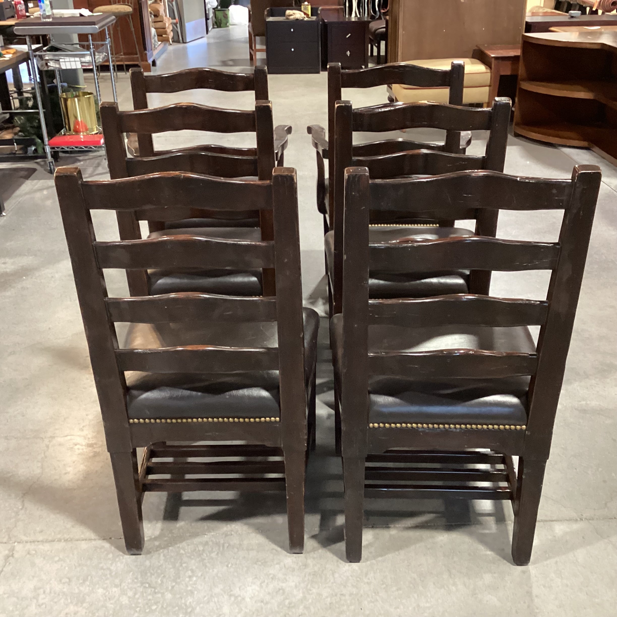 SET of 6 Dark Finish Carved Ladder Back & Leather Nailhead Dining Chairs 26"x 20"x 39"