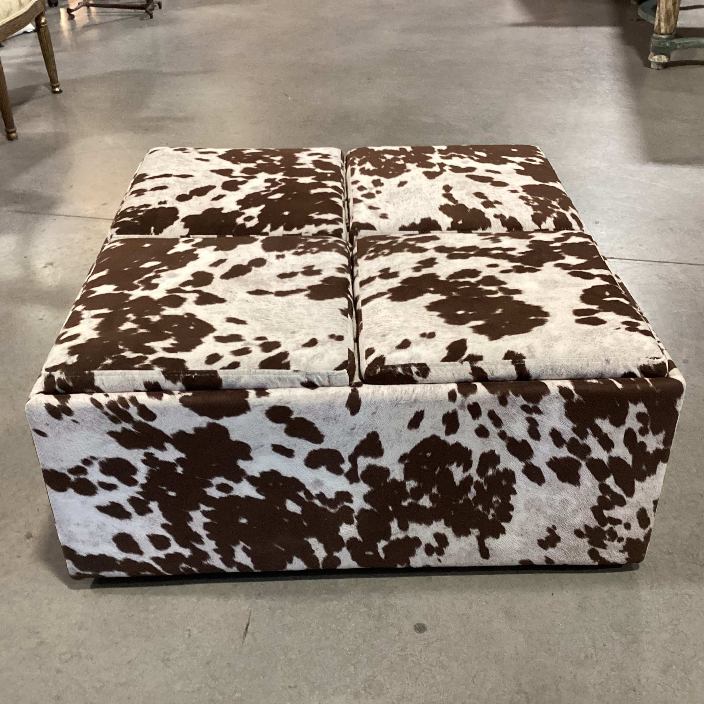 Faux Cowhide 4 Section Storage with Flip Top Tray Cocktail Ottoman 36"x 36"x 16"