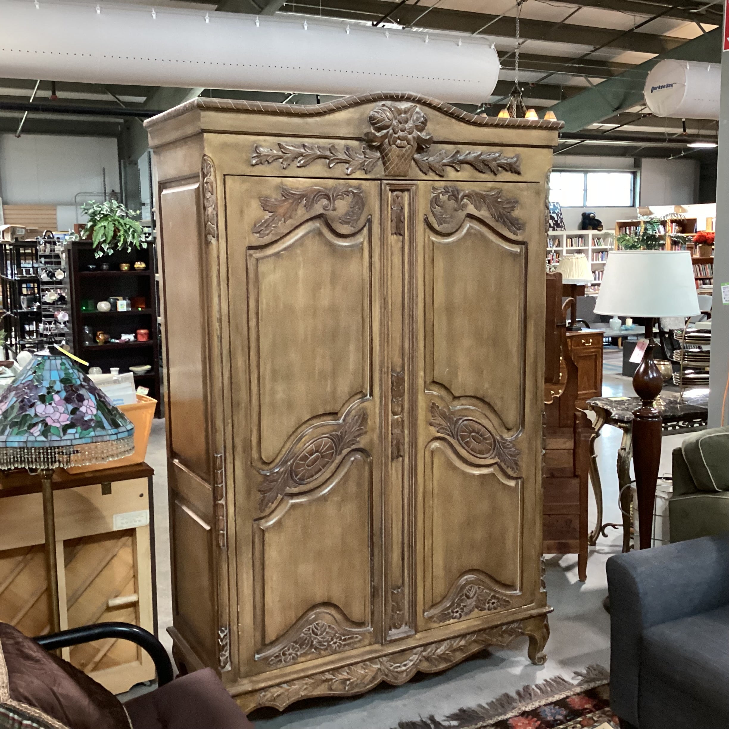 French Provincial Carved Wood with Light Washed Finish 2 Door 3 Drawer Armoire 60"x 26"x 93"