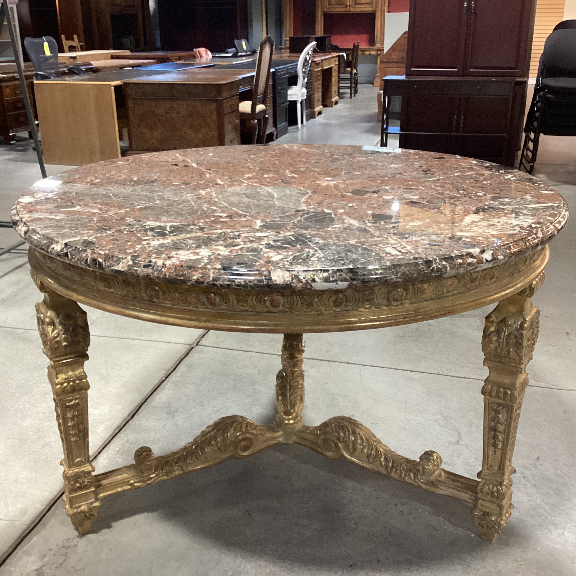 Antique Ornate Carved Gilded Wood & Breccia Marble Round Accent Table 52" Diameter x 33"