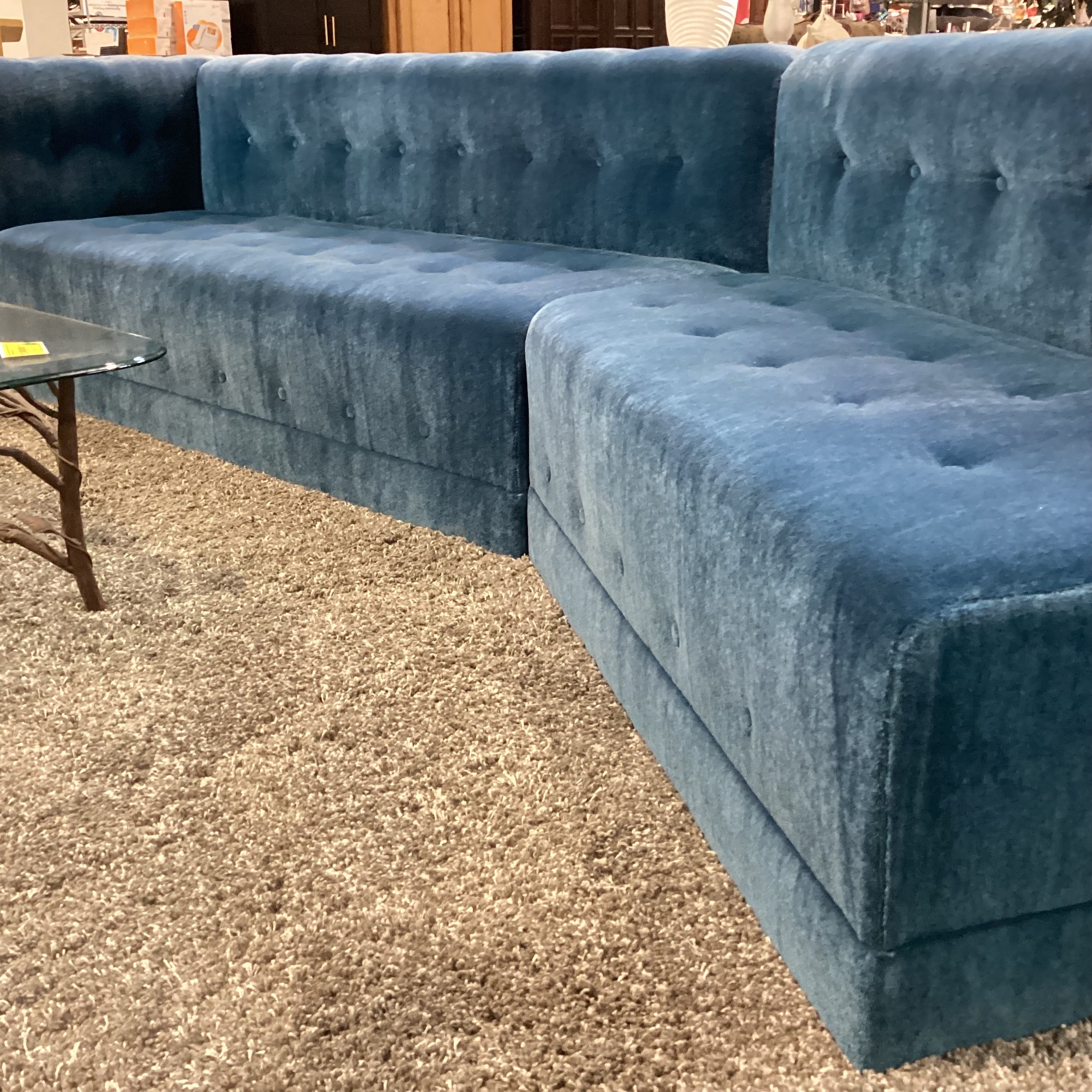 Custom Blue Teal Mohair with Button Tufting 2 Piece Angled Sectional 142"x 35"x 32"