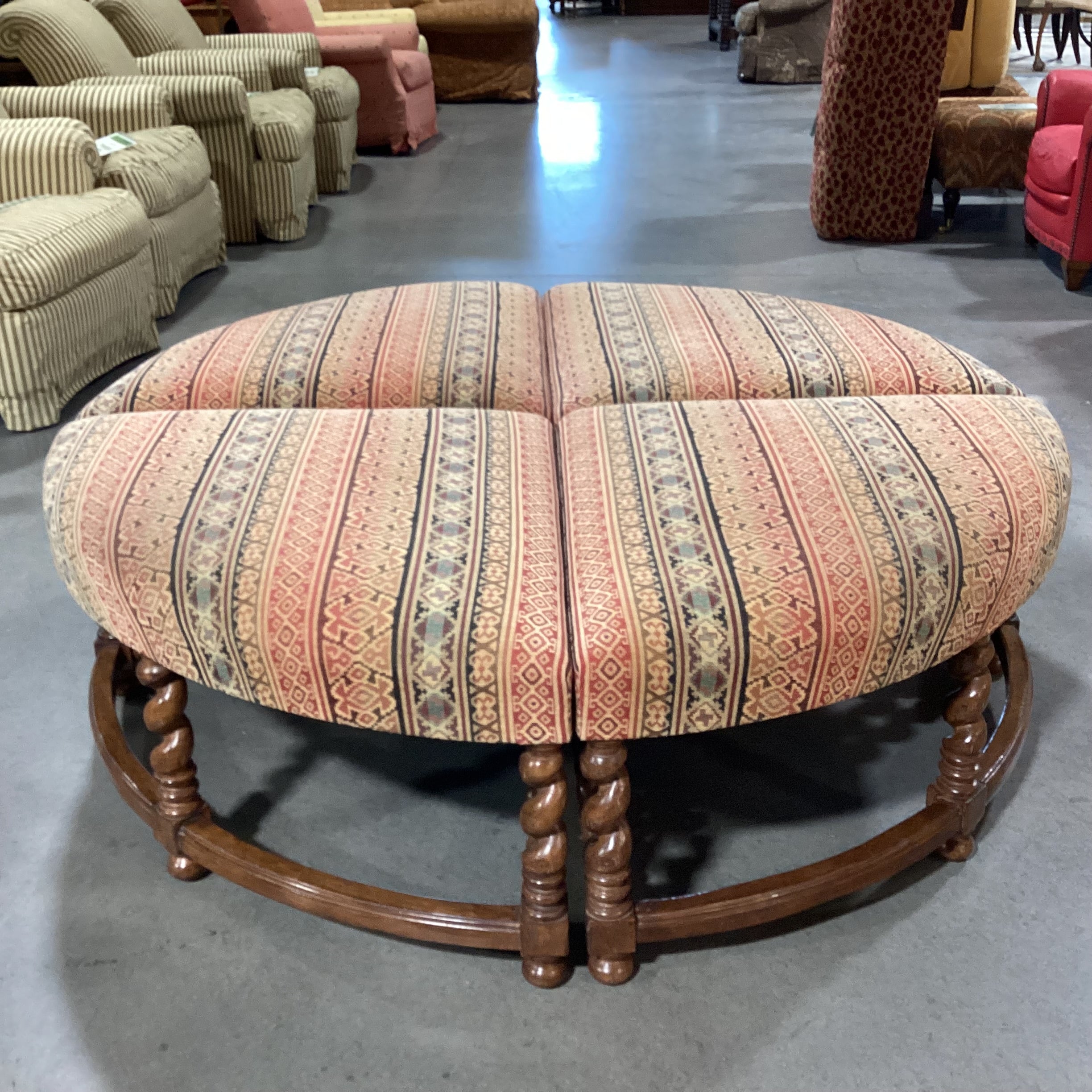 Rose Tarlow Melrose House Barley Twist Carved Wood & Upolstered 4 Piece Pie Ottoman 61" Diameter x 21"