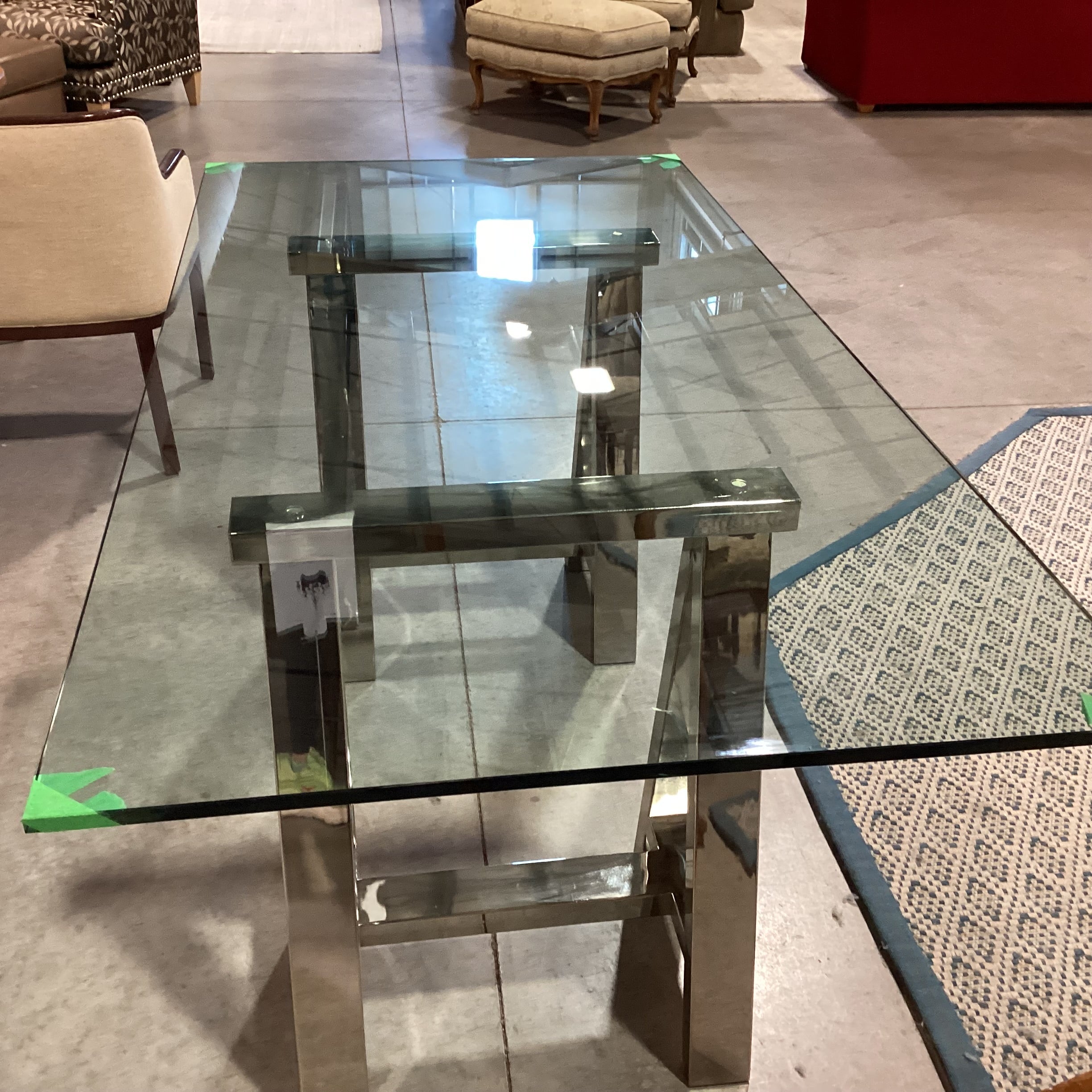 Chrome Sawhorse & Thick Glass Desk Dining Table 72"x 36"x 30.5"