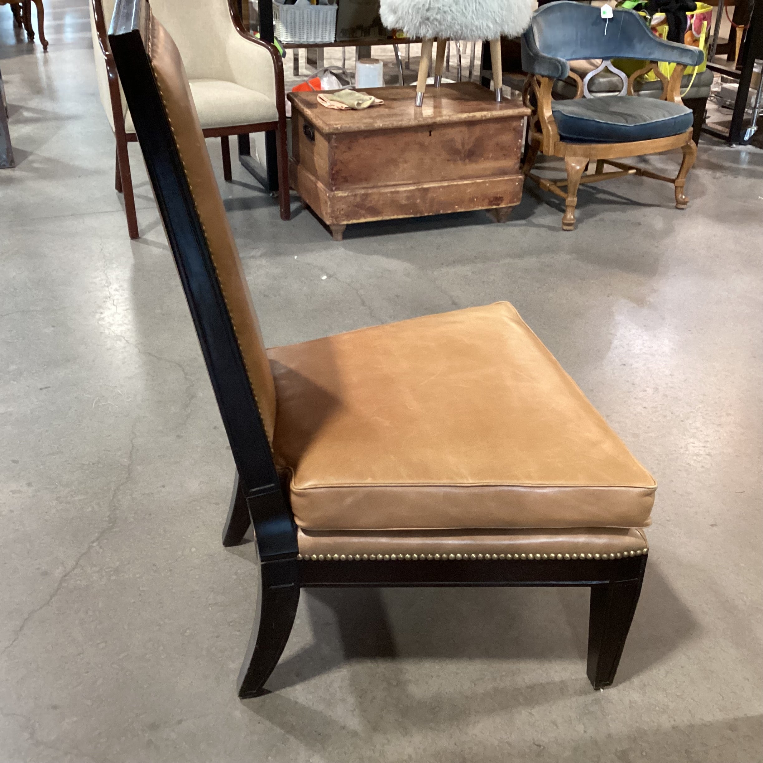 Tan Leather Nailhead & Black Wood Slipper Chair 27"x 27"x 42"