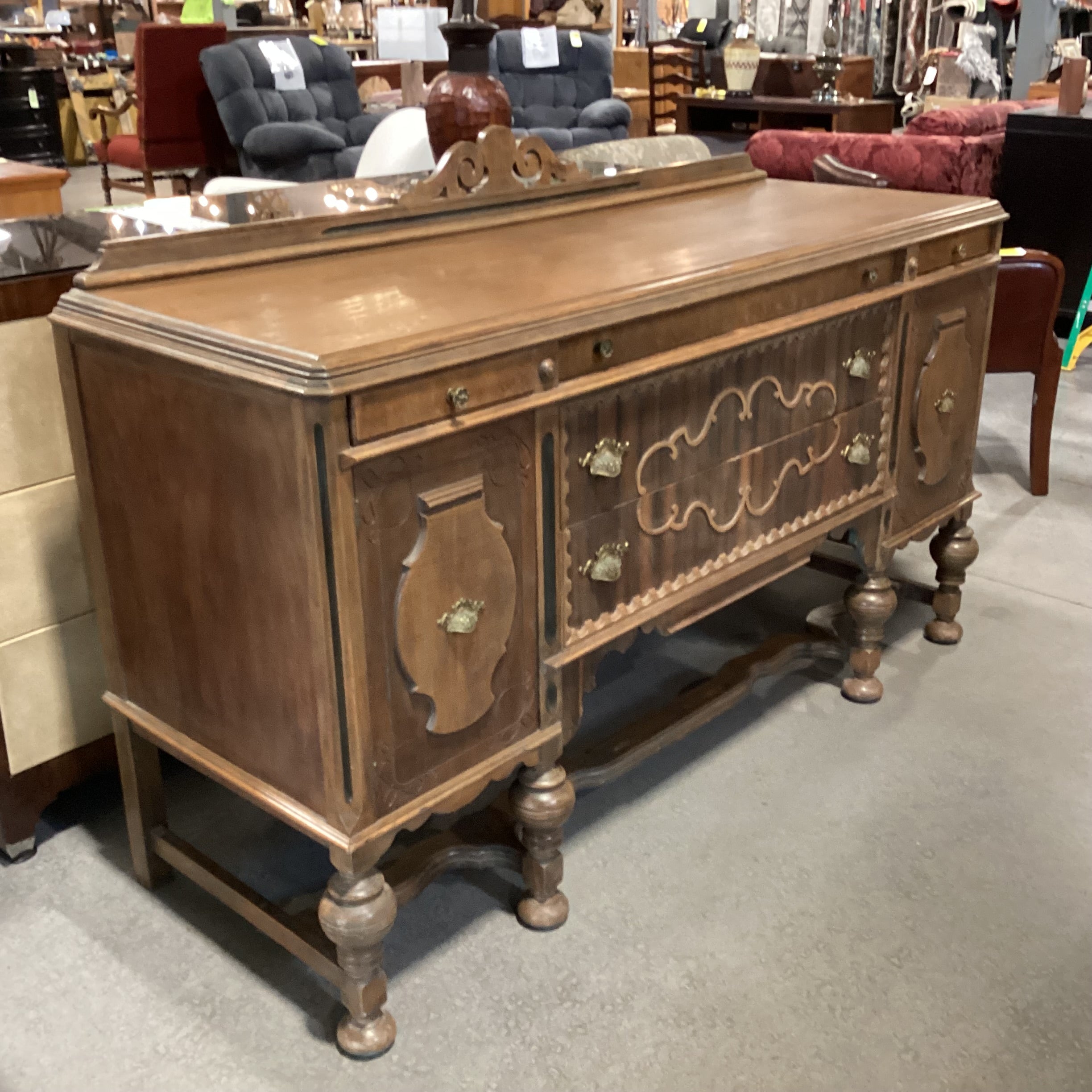 Antique Carved Detail & Ornate Molding 5 Drawer 2 Door Sideboard 67"x 22.5"x 43.5"