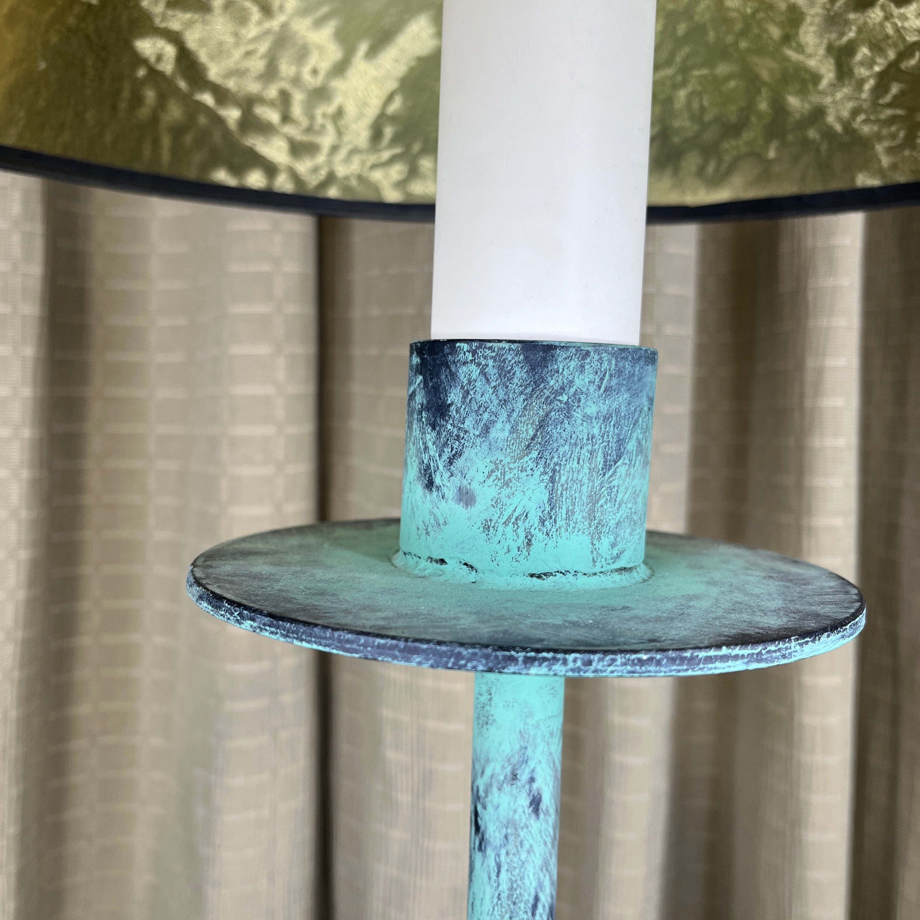 Distressed Turquoise Brushed Iron Candlestick Tripod Base with Shade Table Lamp 9"x 9"x 31"