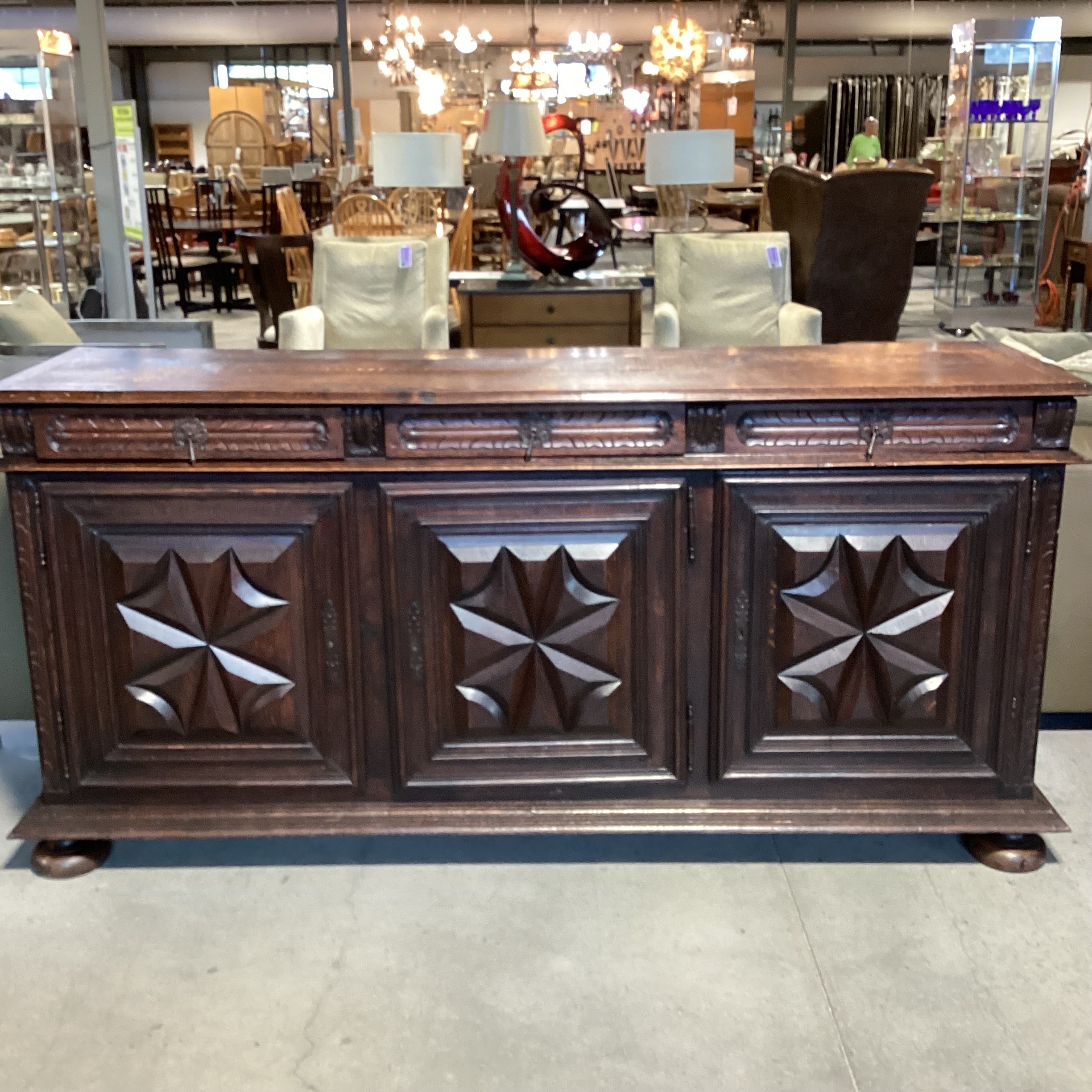 Antique Solid Carved Finished Oak 3 Drawer 3 Door Credenza 83"x 22"x 39"
