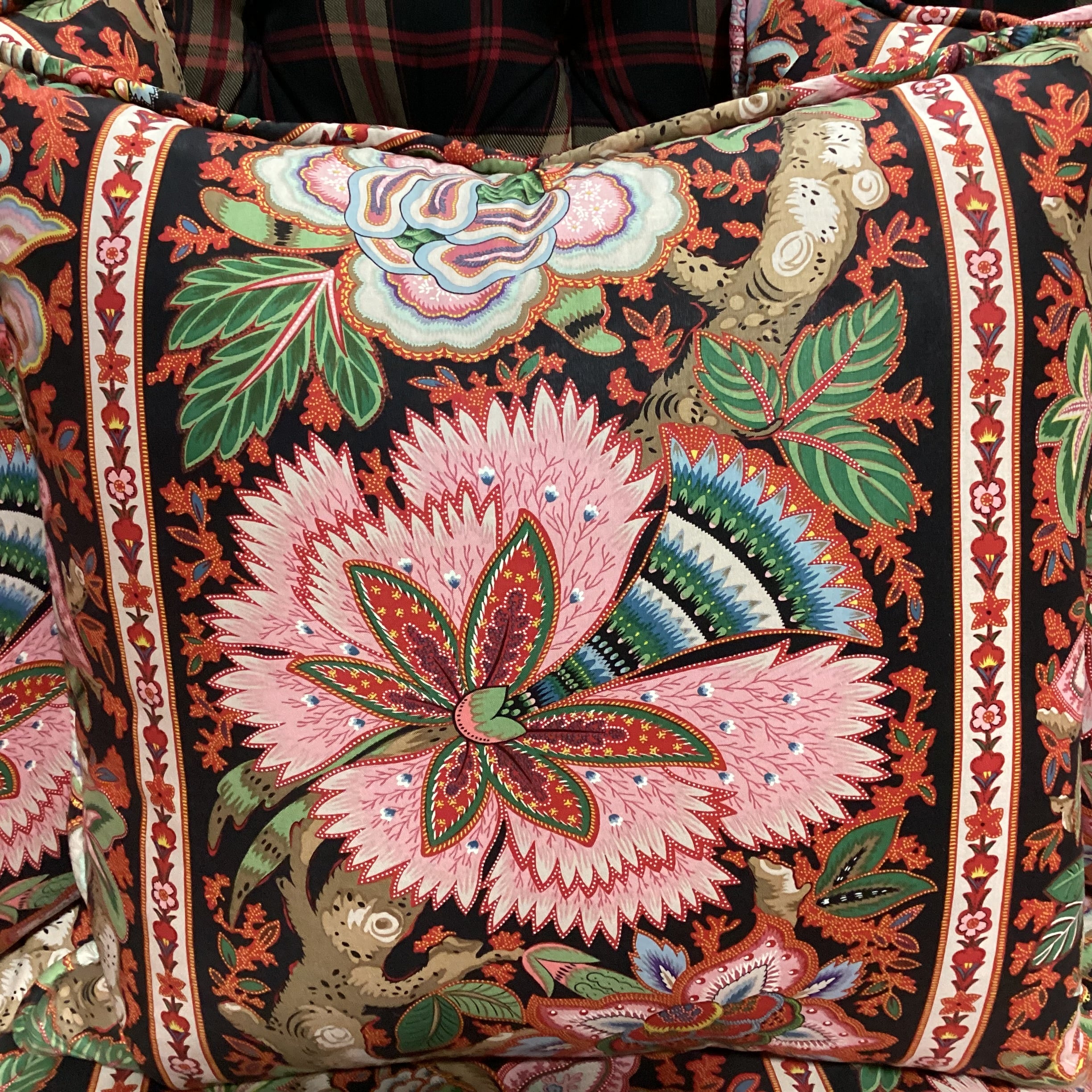 Custom Black Red Tan Plaid Button Tufted with Pink Ornate Floral Cushion & Pillows Down Mix Sofa 100"x 58"x 40"