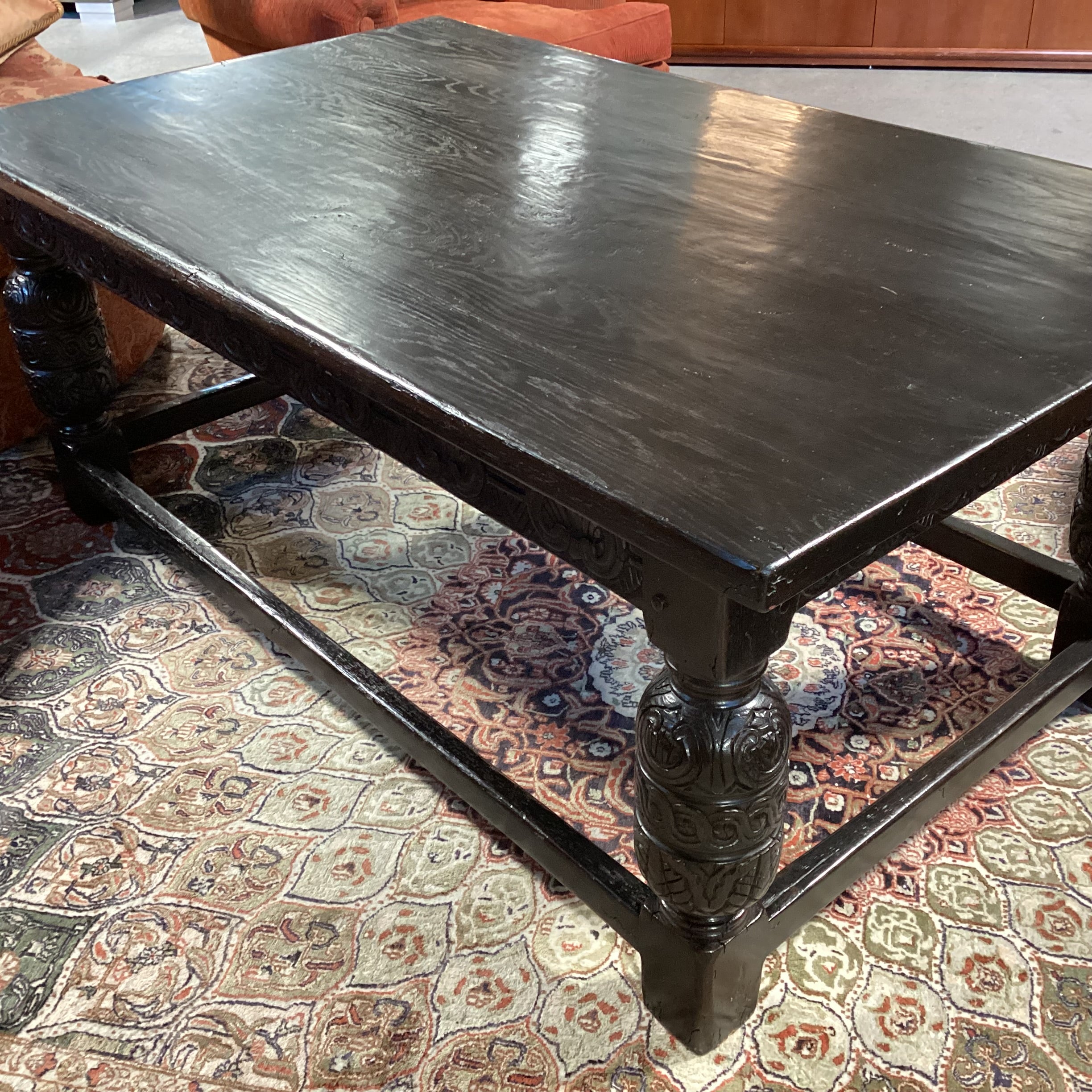Antique Black Finish Ornate Carved Wood Coffee Table 60"x 36"x 24"