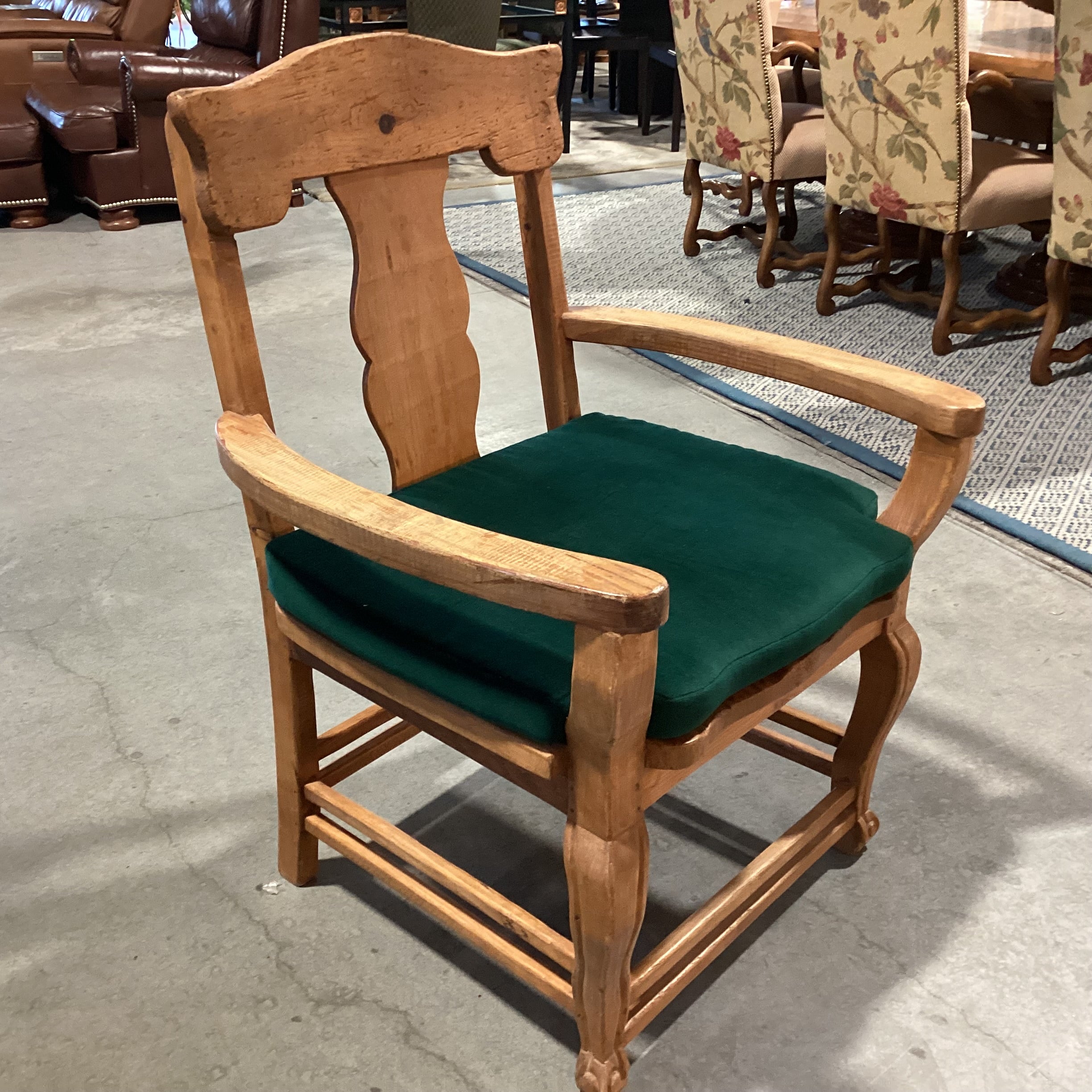 Vintage Natural Carved Wood with Green Cushion Chair 30"x 27"x 41"