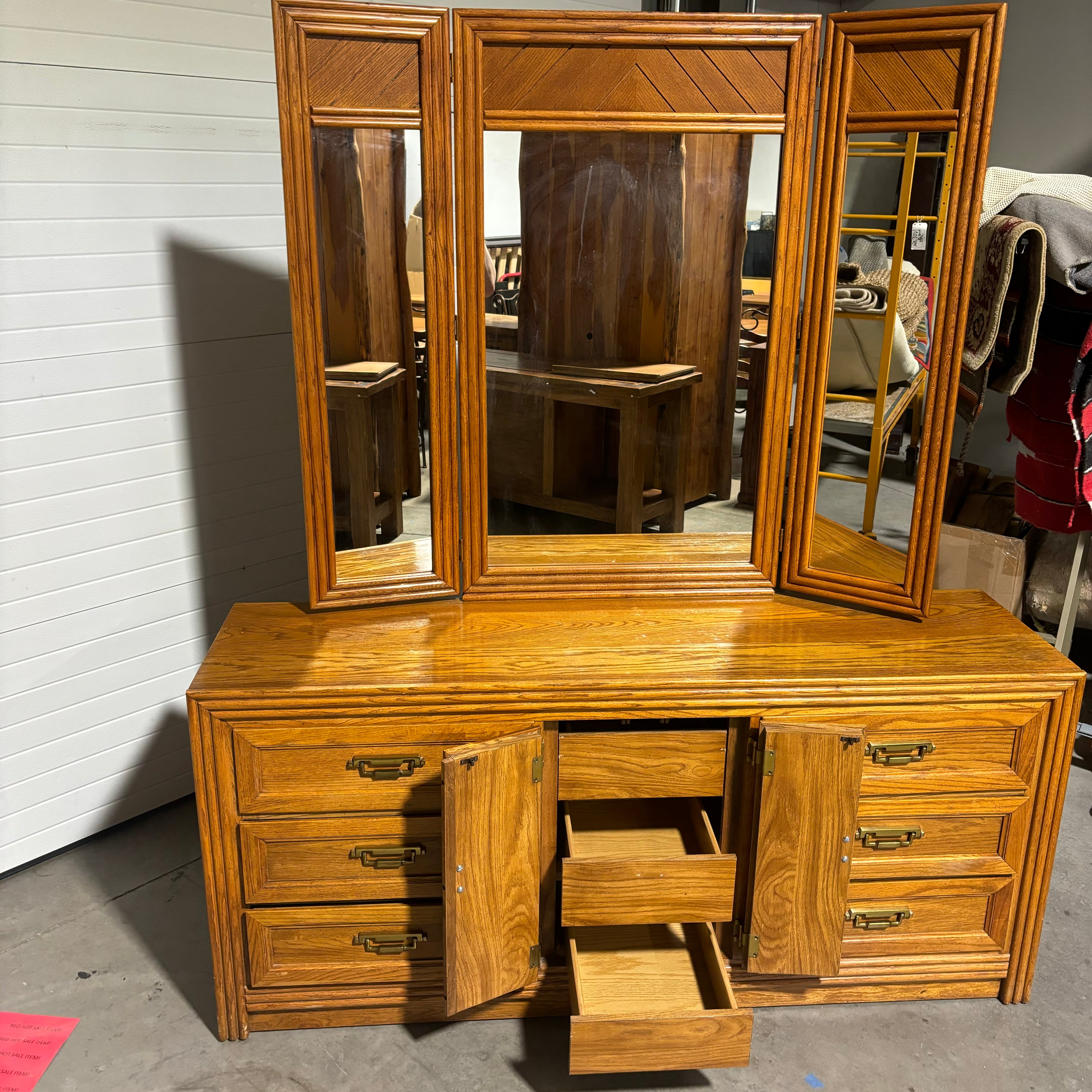 Lenoir House Finished Oak 9 Drawer with Mirror Dresser 66"x 18"x 30.5"
