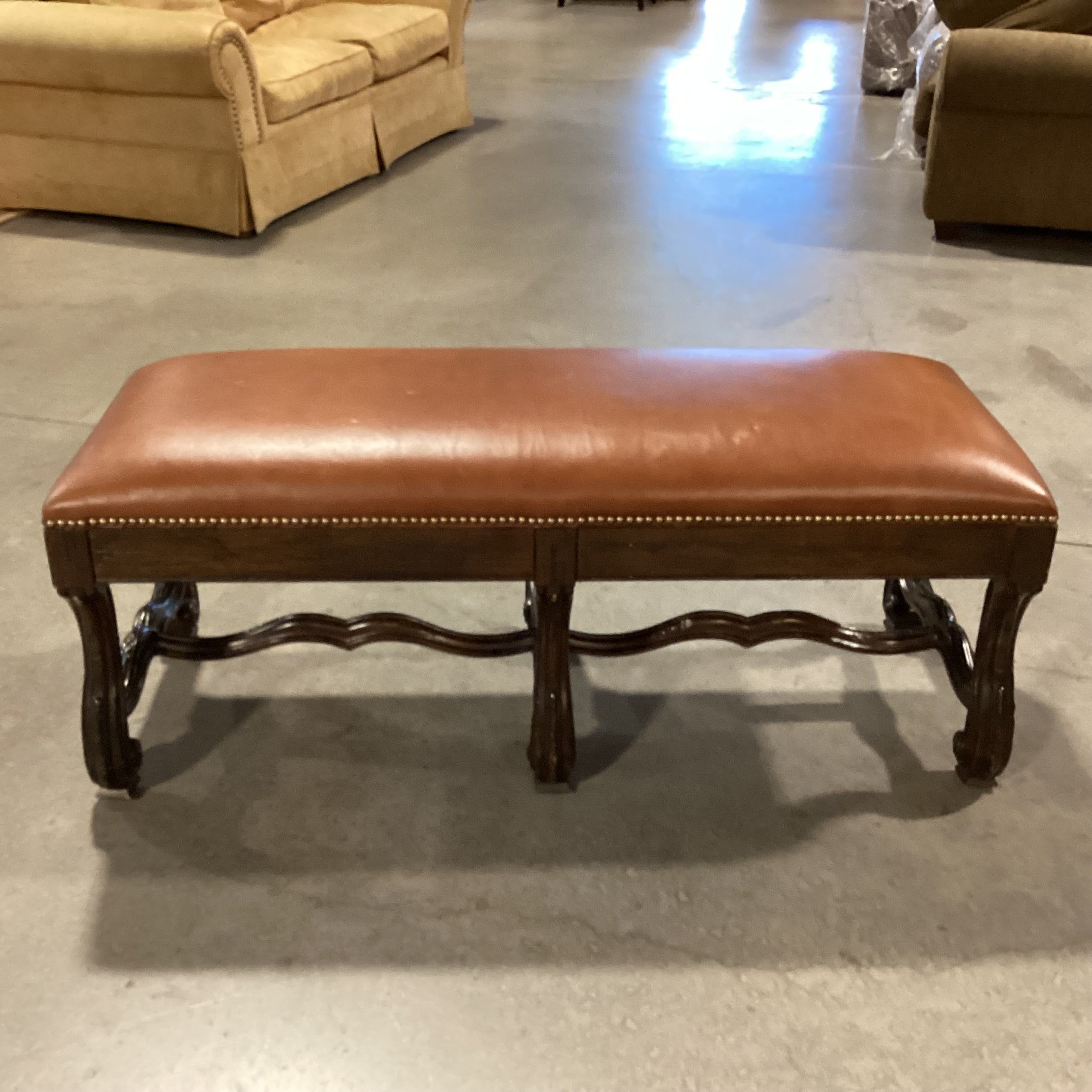 Lorts Leather Nailhead With Dark Finish Ornate Carved Trestle Bench 48"x 19"x 20"