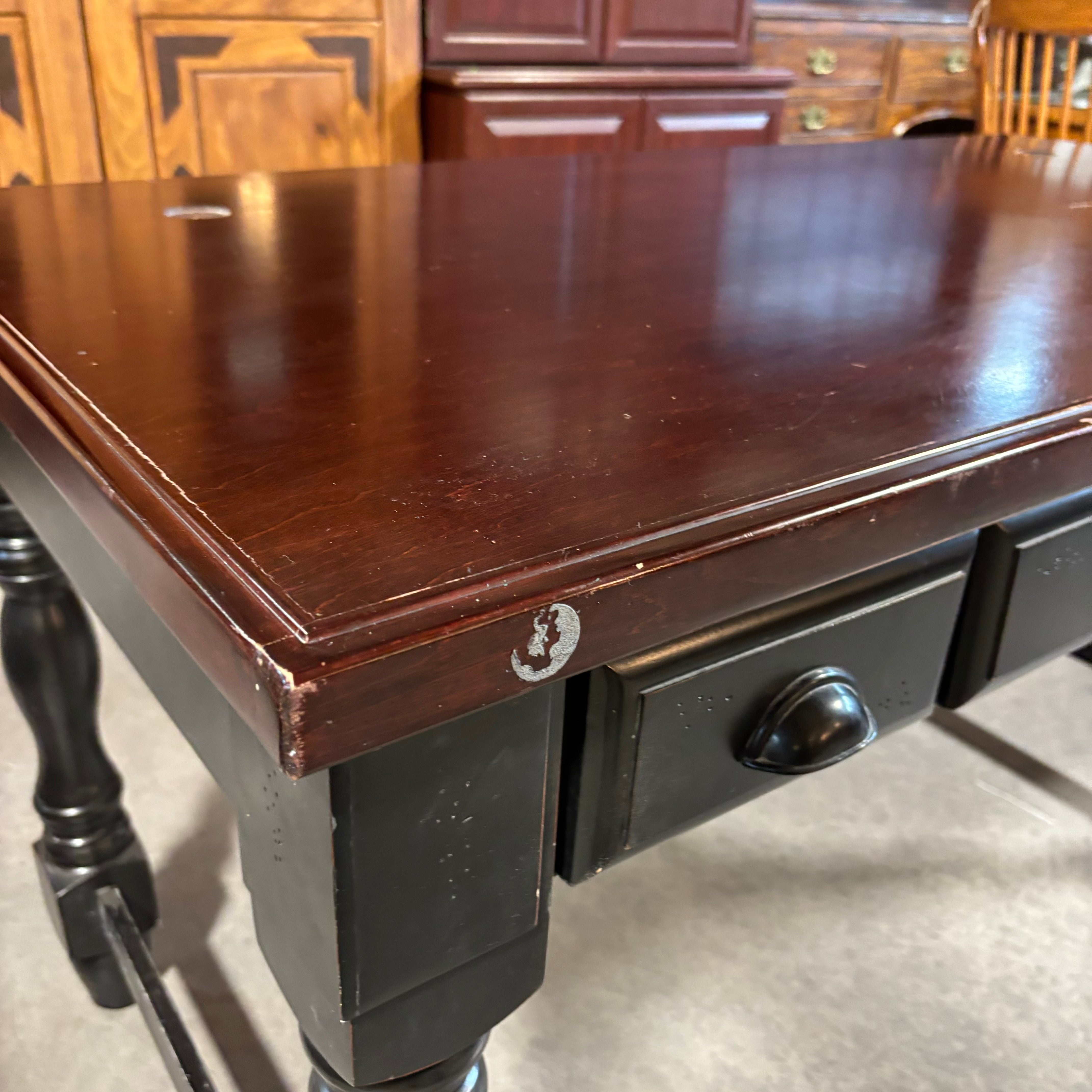 Dark Cherry Finish Top with Solid Black Wood Base 2 Drawer & Center Pullout Desk 58"x 30"x 31"