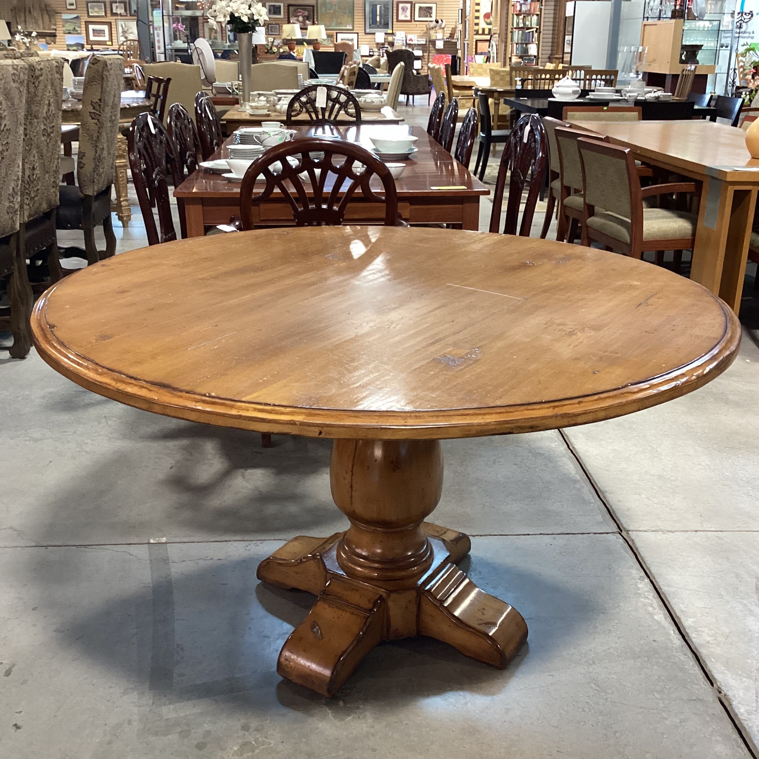 Distressed Finished Wood with Carved Pedestal Round Dining Table 54" Diameter x 30.5"