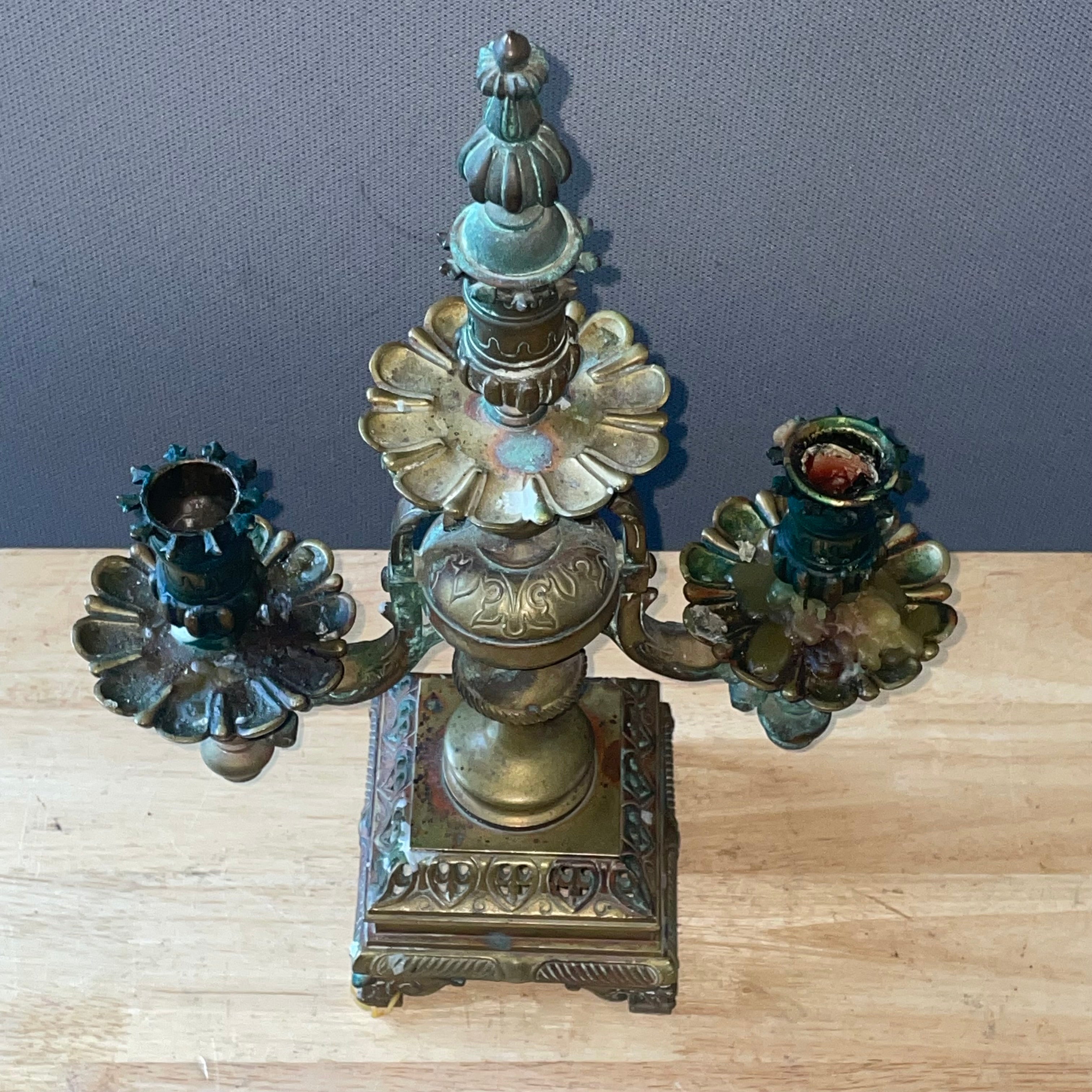 Antique French Empire Style Elaborate Brass/Bronze Candelabras, Pair, 10.25"x 4.25"x 15"