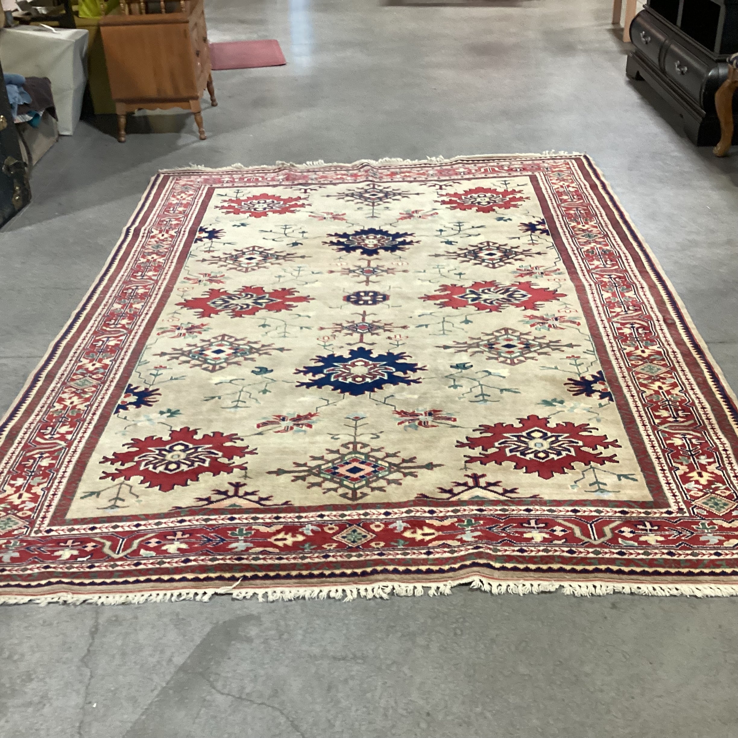 Vintage Beige Tan Red Navy Hand Woven Wool Rug 6'7" x 9'