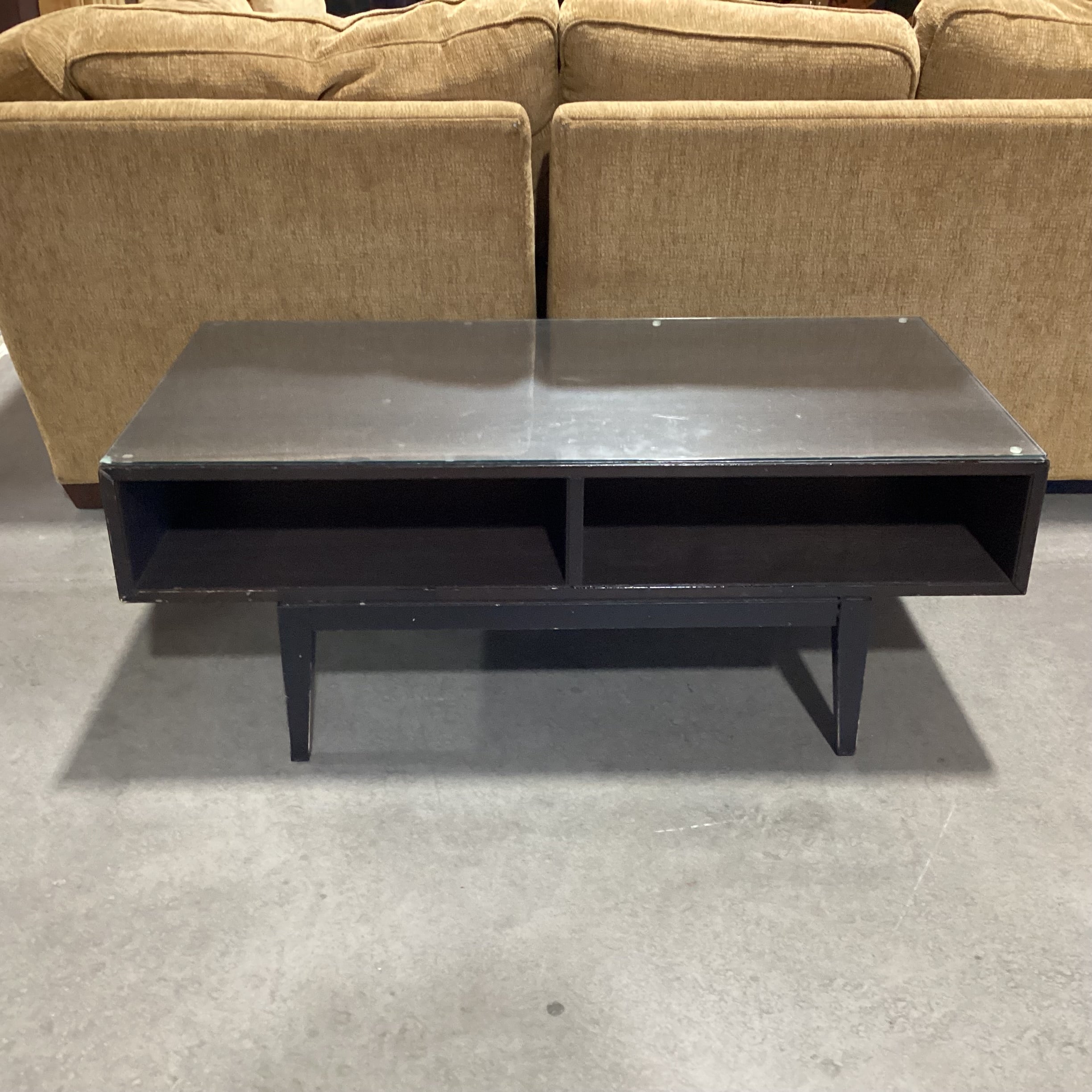 Mid Century Style Dark Wood & Veneer 2 Cubby Glass Top Coffee Table 46.5"x 23.5"x 18.5"