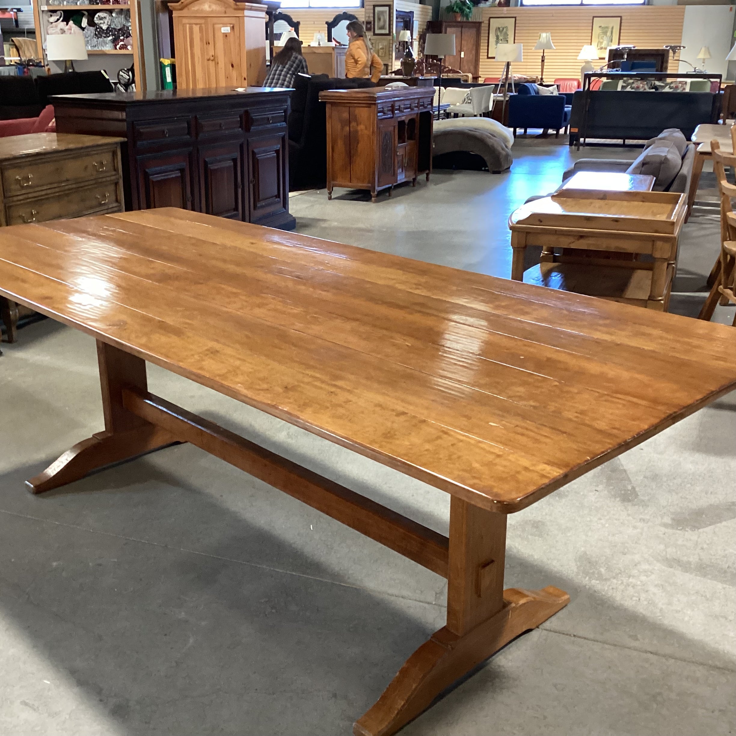 Distressed Finished Plank Top & Trestle  Base Dining Table 93"x 39.5"x 30"