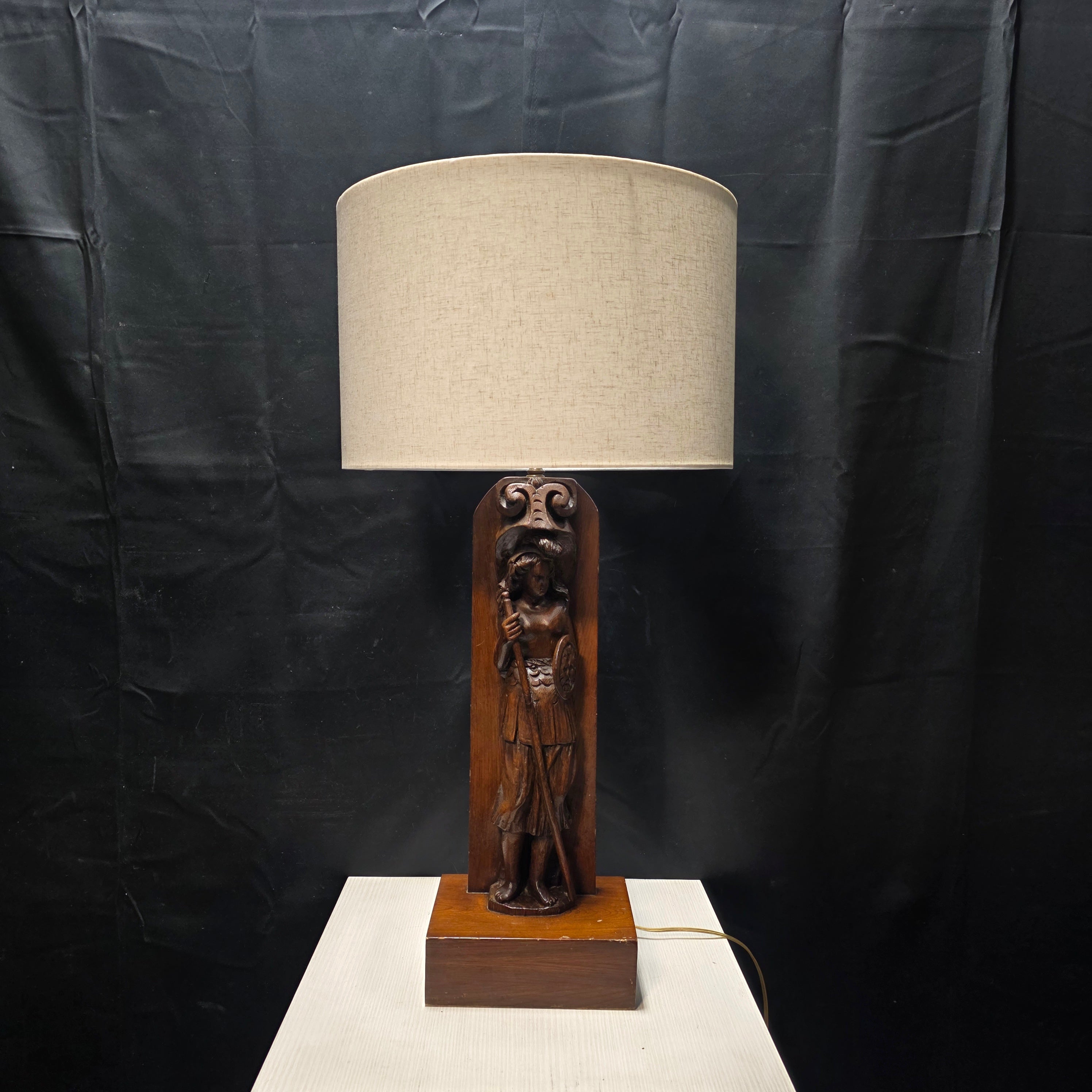 60's - 70's Walnut Wood Medieval Revival Hand Carved Table Lamp 17.5" D x 34.5"
