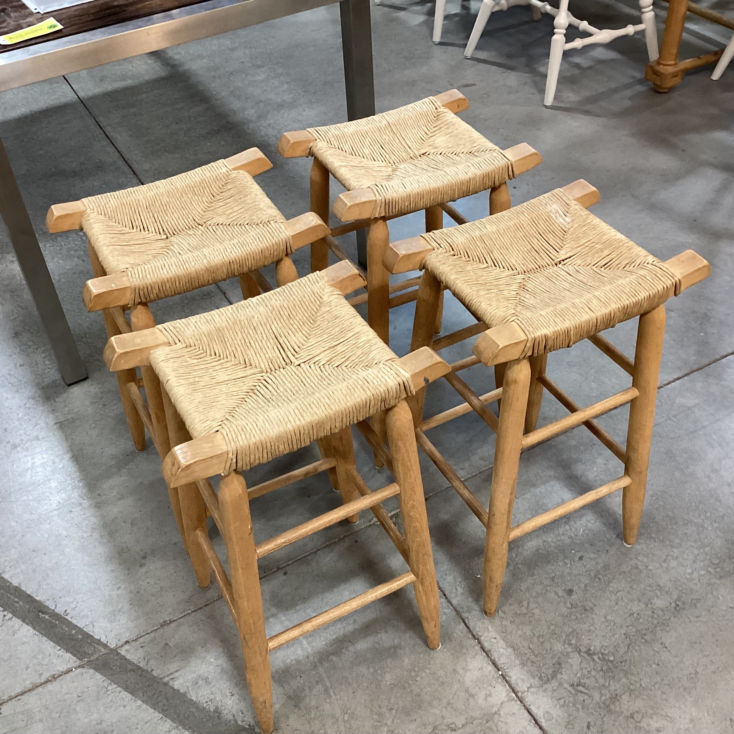 SET of 4 Vintage Natural Wood & Rush Seat Barstools 25"