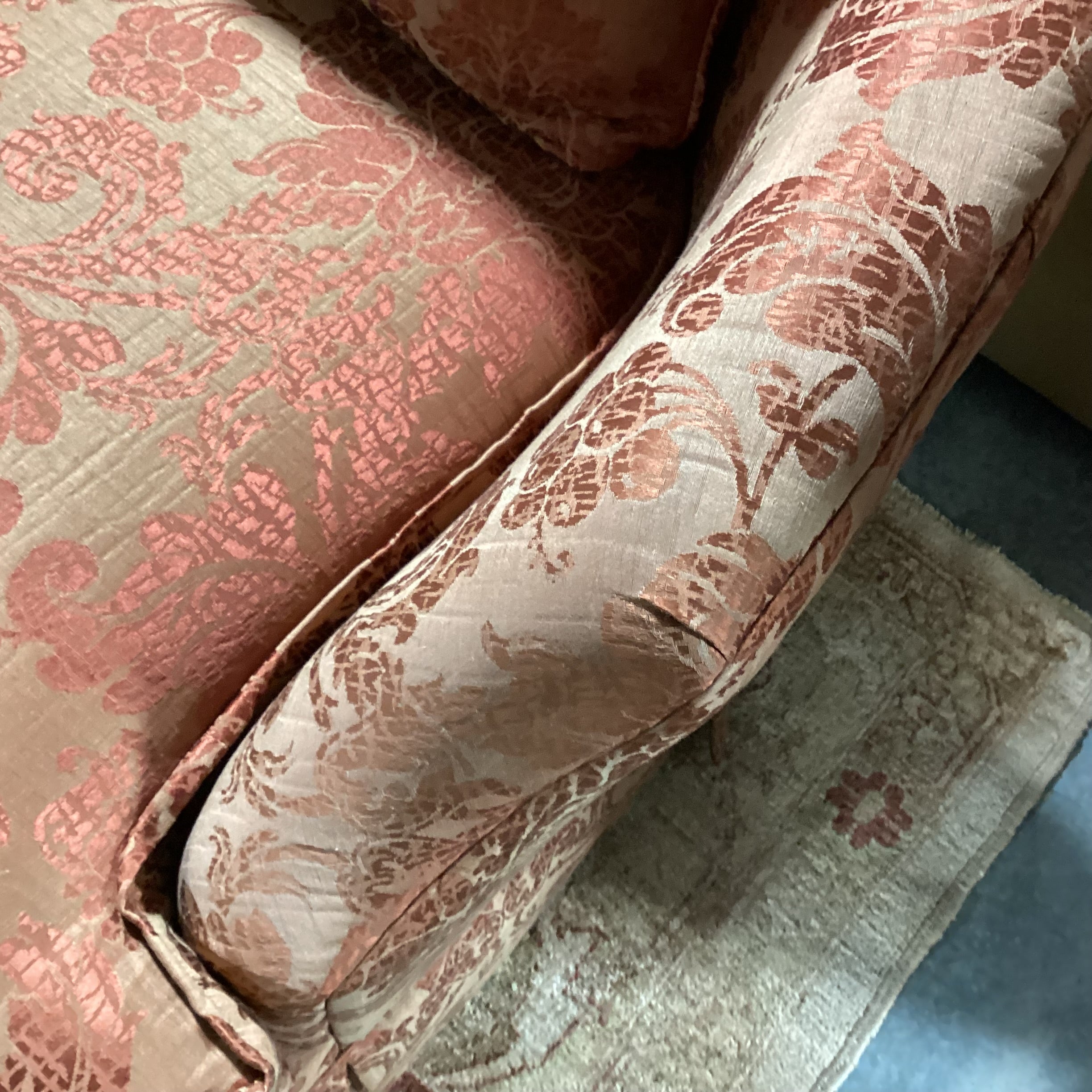Custom Golden Burnt Orange Ornate Silky Metallic Floral Down Mix Curved Sofa 107"x 44"x 32"