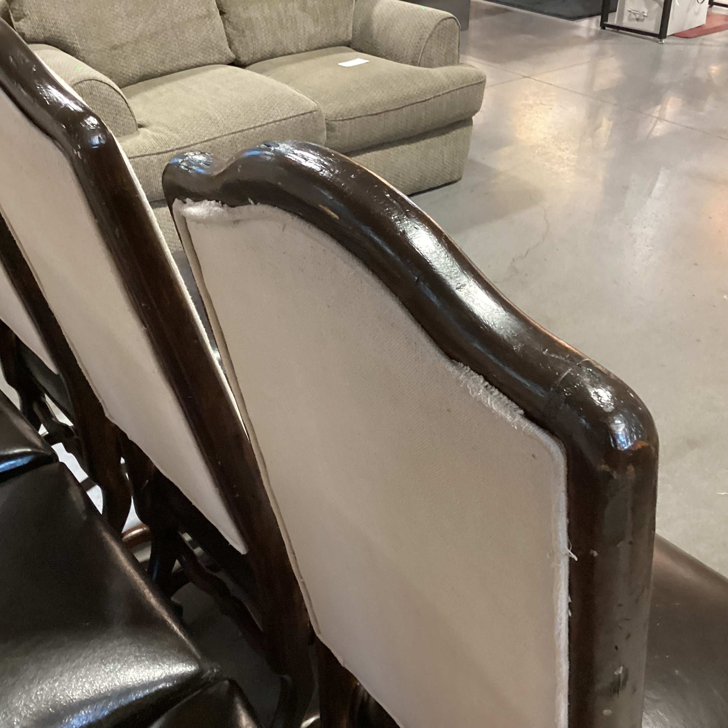 SET of 6 Carved Wood Leather & Linen Dining Chairs 21"x 22"x 49"