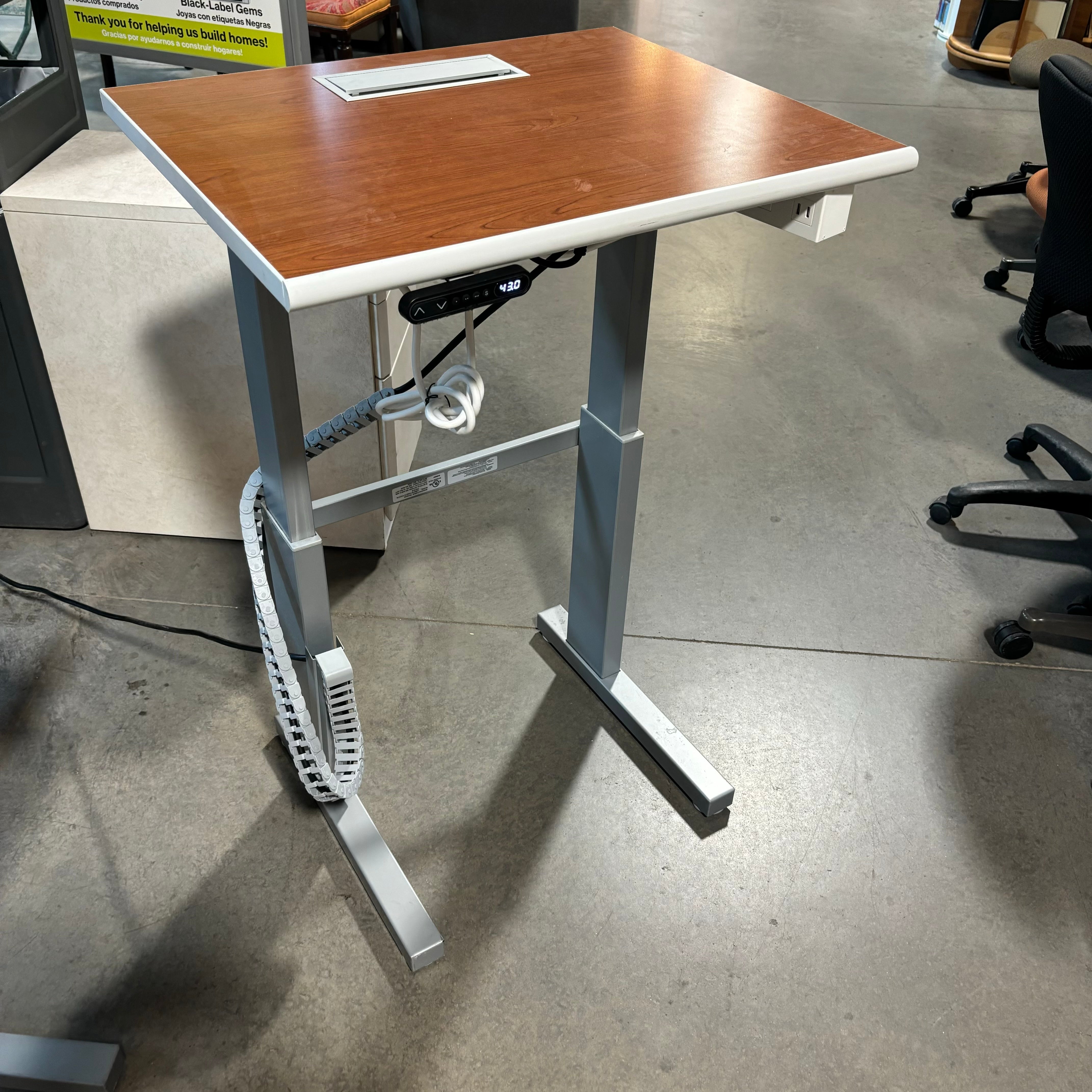 LINAK Dark Wood Veneer with Steel Base Adjustable Sit to Stand Desk 28"x 24"x 27" to 43"