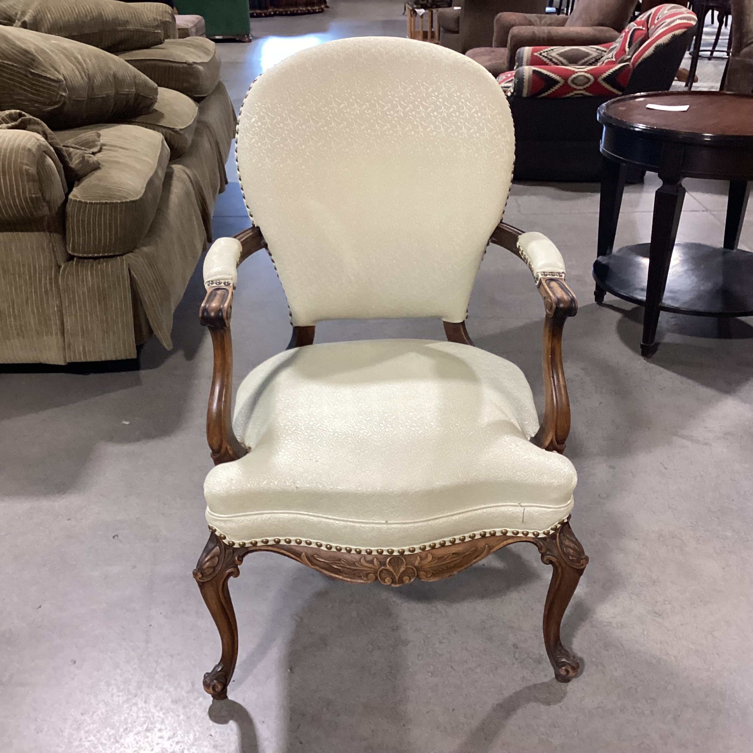 Vintage Carved Wood Cream Leather Like Embossed Vinyl Nailhead Chair 25.5"x 30"x 40"