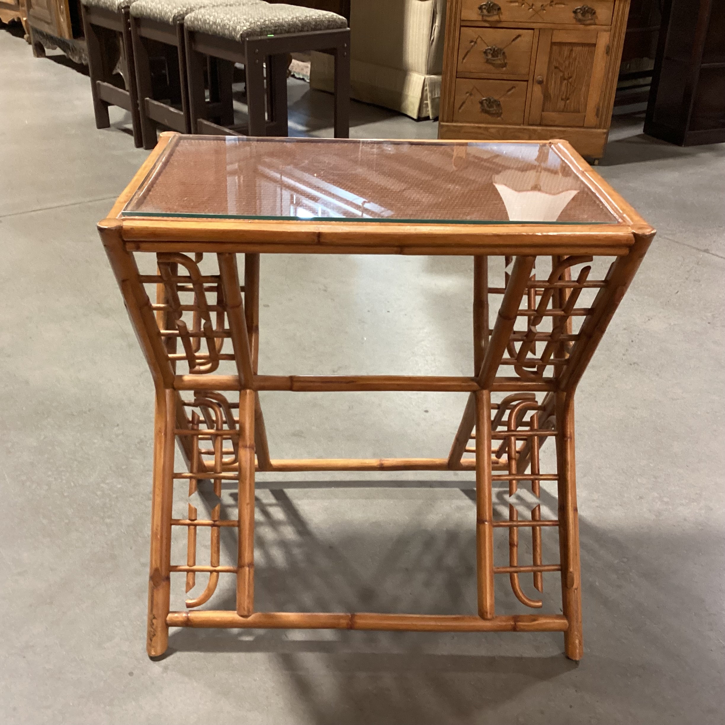 Vintage Bamboo & Rattan with Glass Top Accent Table 27"x 19"x 27"