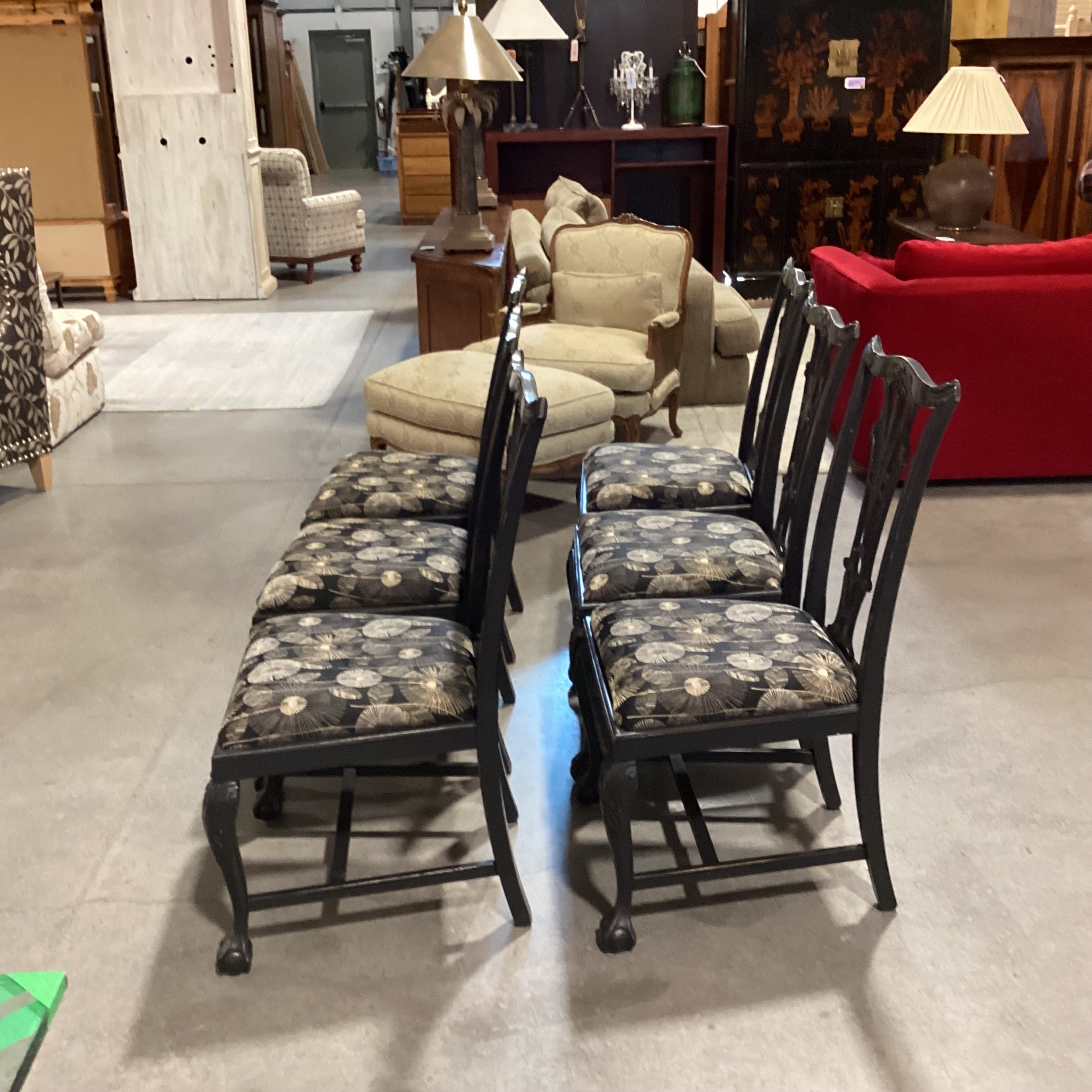 SET of 6 Ornate Carved Black Claw & Ball Wood Black Tan White Dandelion Dining Chairs 23"x 22"x 40"