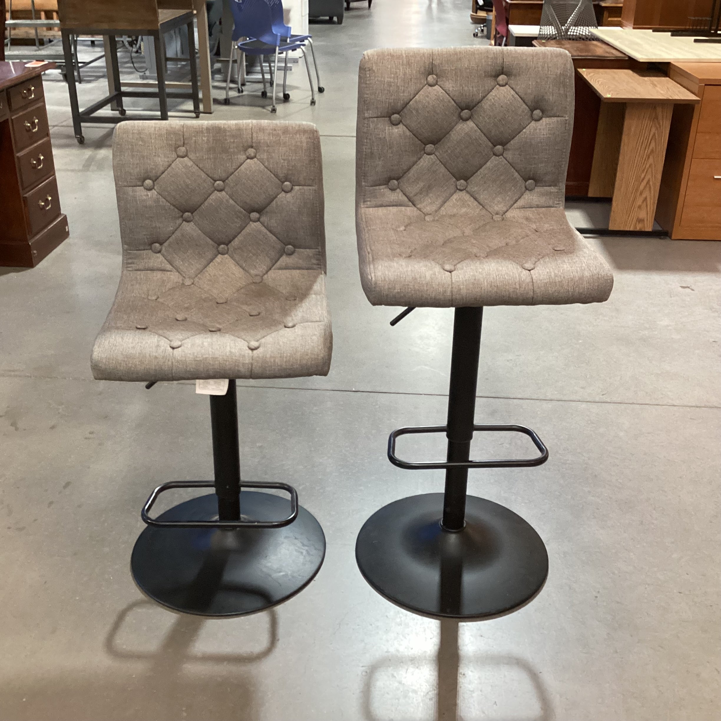 SET of 2 Worldwide Home Furnishings Grey Button Tufted Linen & Black Pedestal Adjustable Height Barstools 25" to 31"