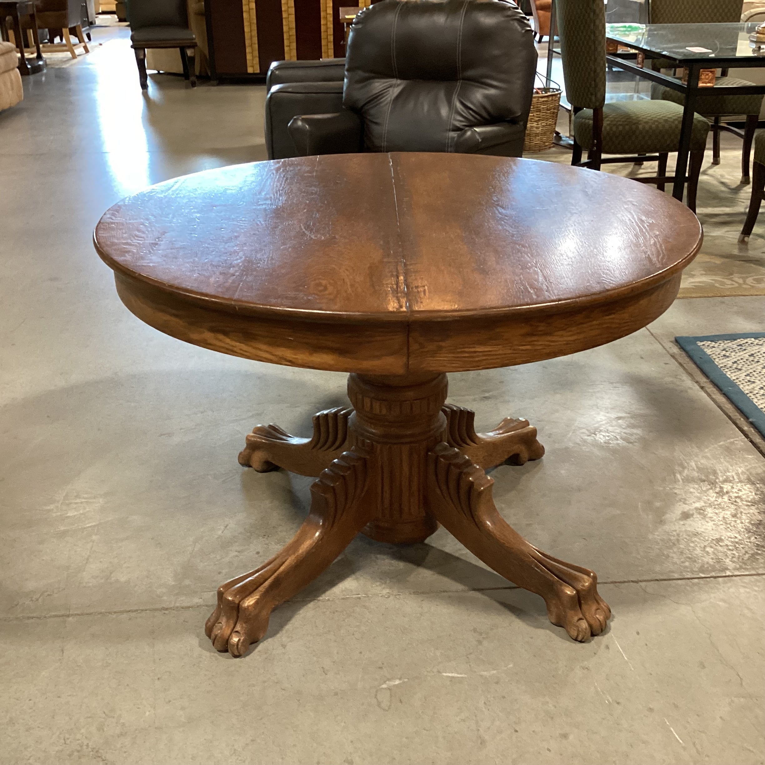 Antique Carved Oak Clawfoot Round Dining Table 42" Diameter x 28"