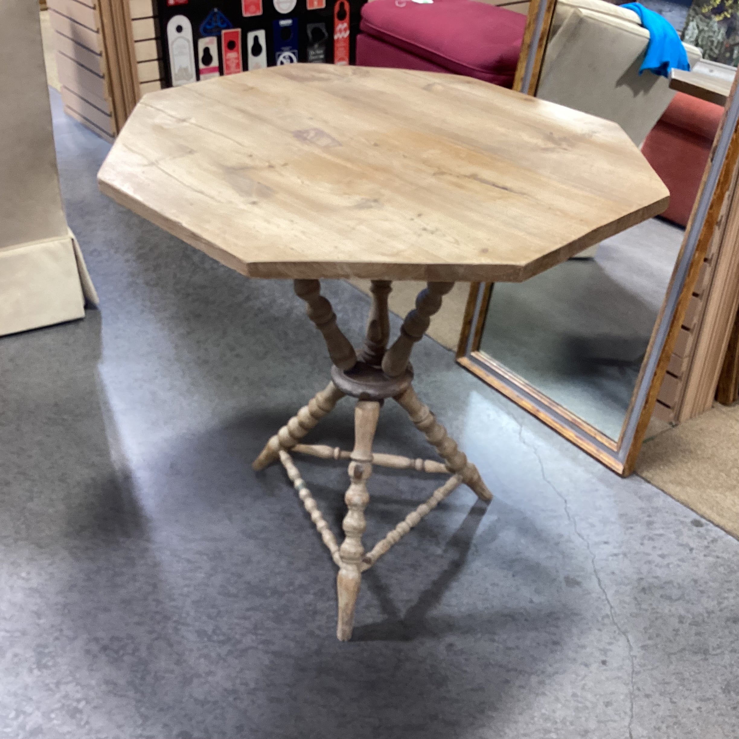 Antique Natural Pine Spindle Carved Tri Leg Octagon Top Accent Table 28.5"x 28.5"x 29.5"