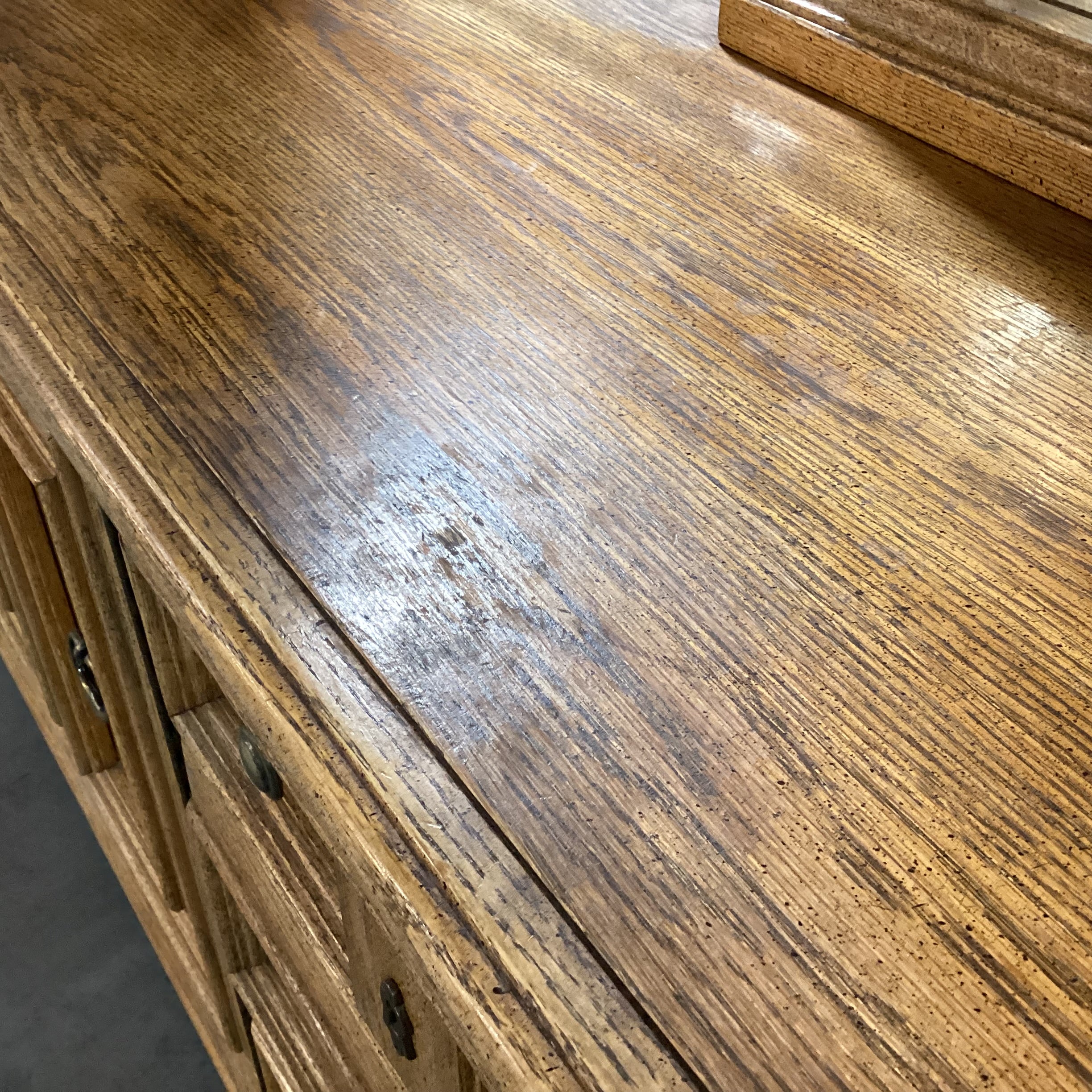 Vintage Speckled Finish Oak with Brass Accent & Double Mirrors 9 Drawer 2 Door Dresser 82.5"x 19.5"x 82.5"