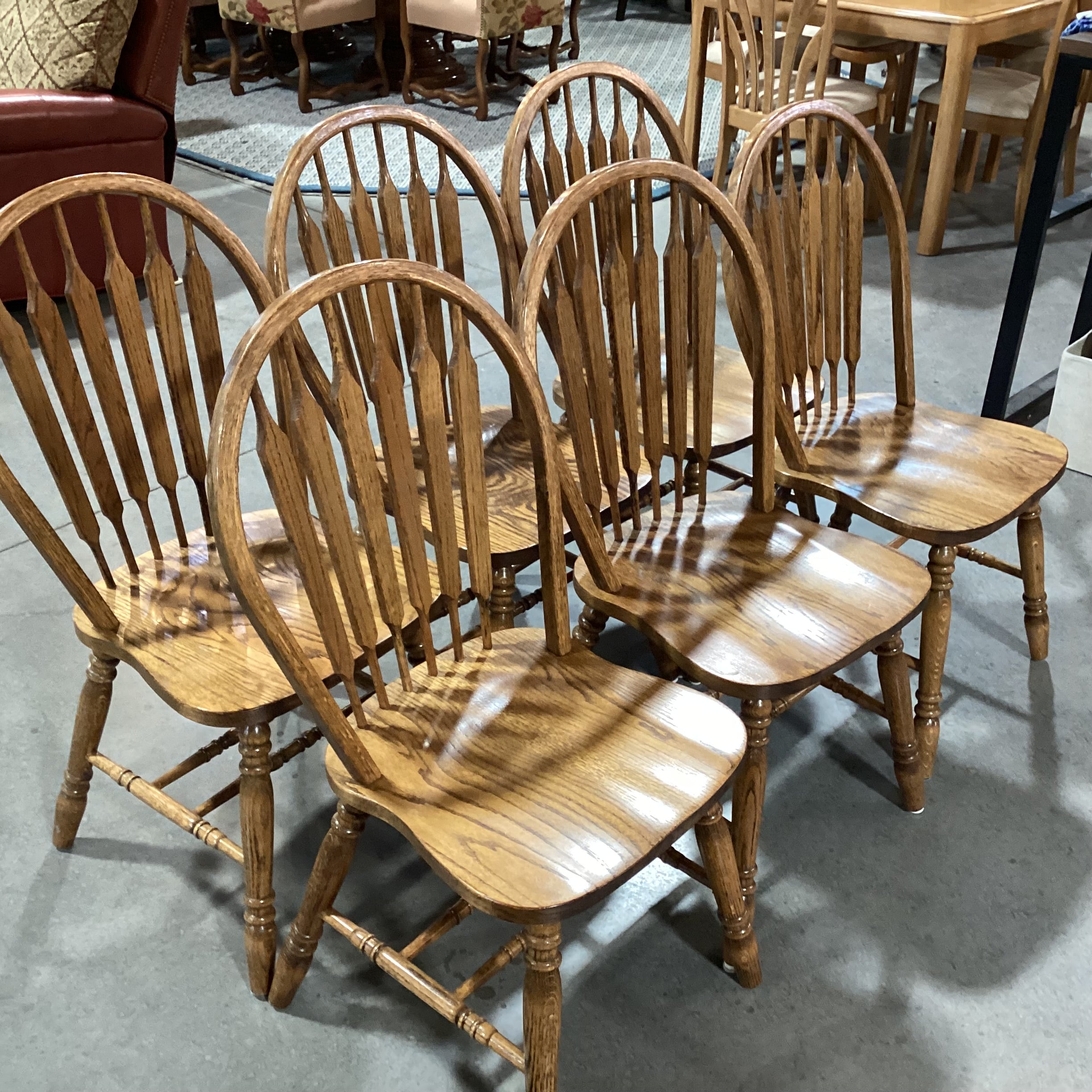 SET of 6 Solid Oak Arched Slat Back Dining Chairs 18"x 18"x 38"