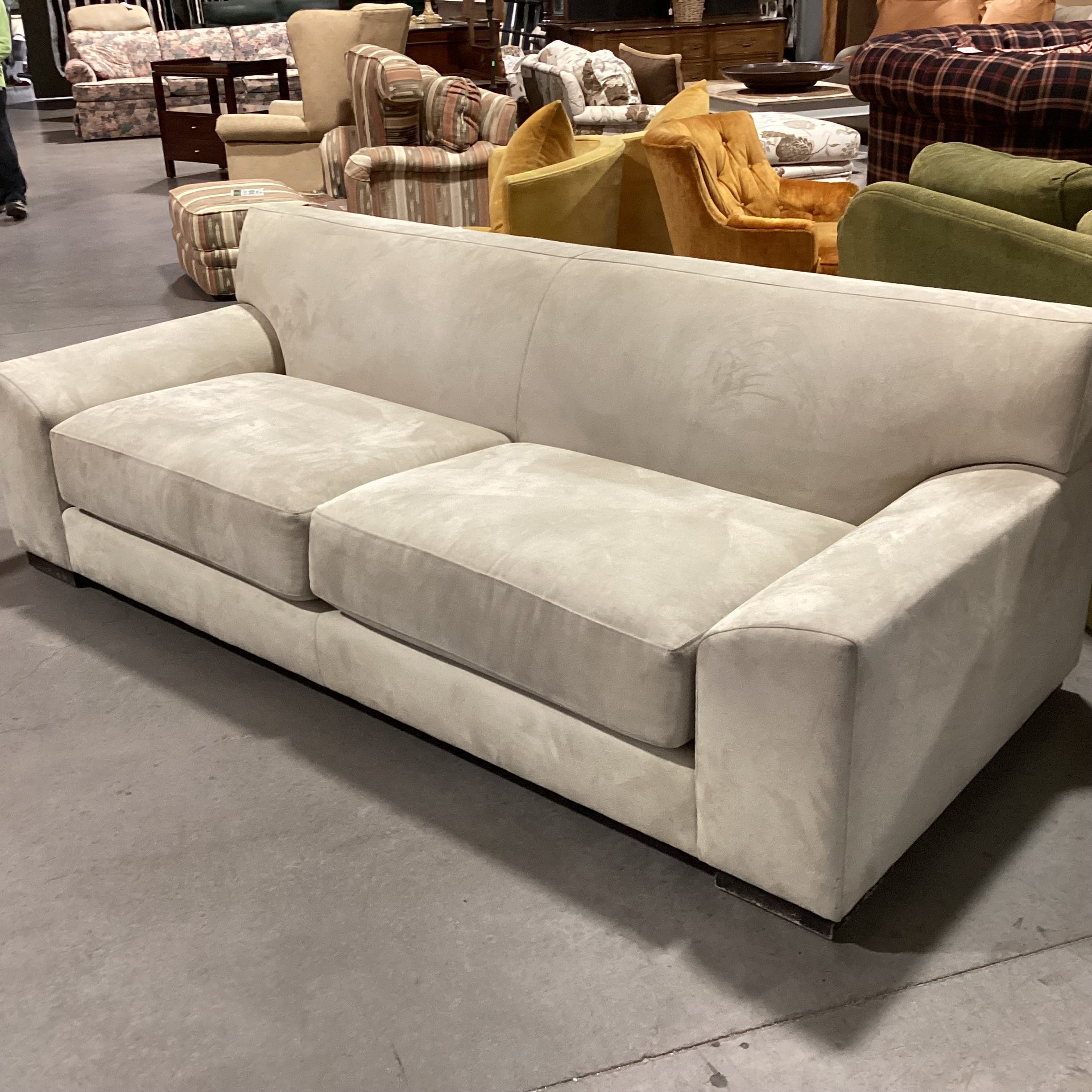 Custom Beige Ultra Suede Low Profile Modern Sofa 87"x 37"x 29.5"