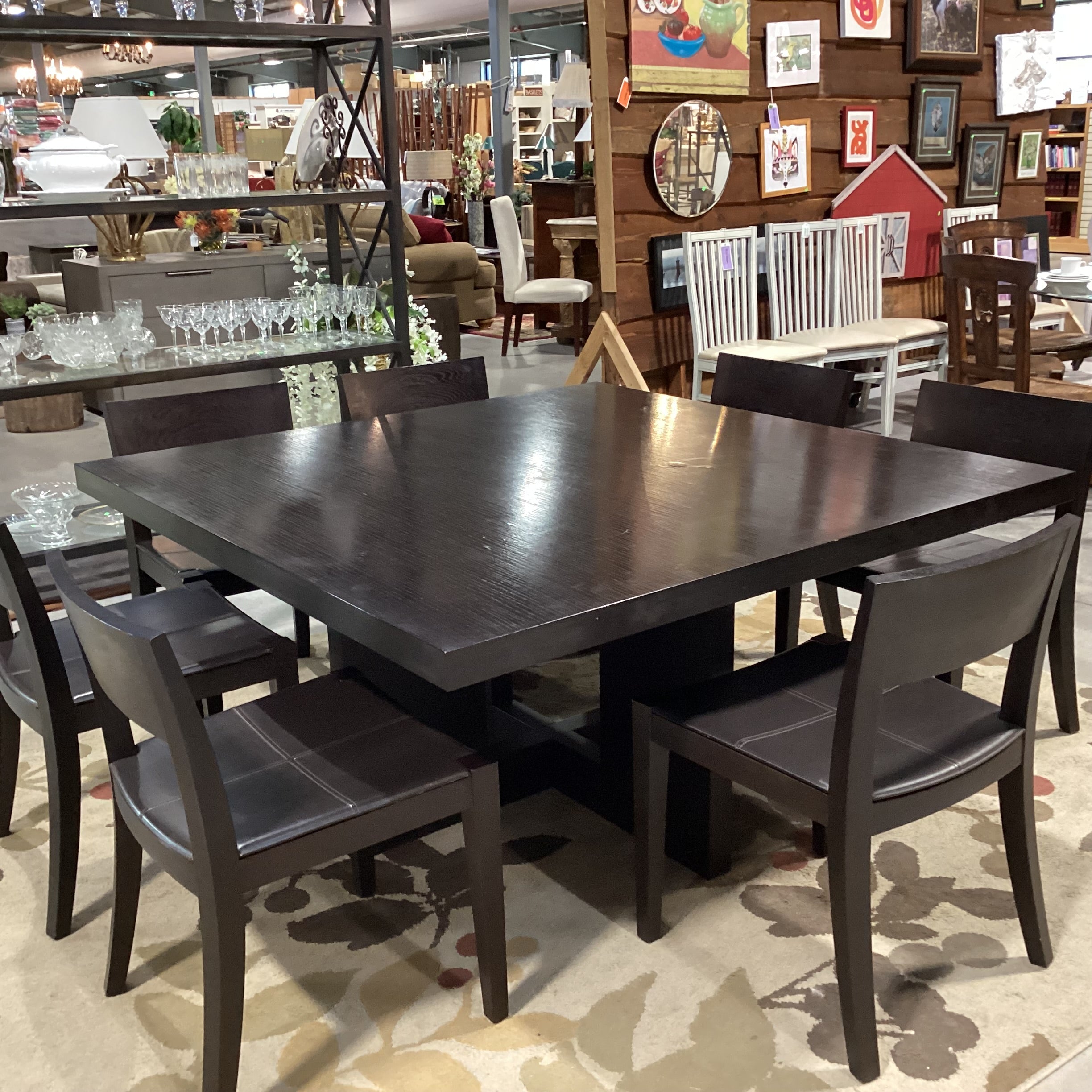 Casa Milano Italian Modern Japandi Design Table with 7 Wood & Leather Chairs Dining Set 59"x 59"x 29"