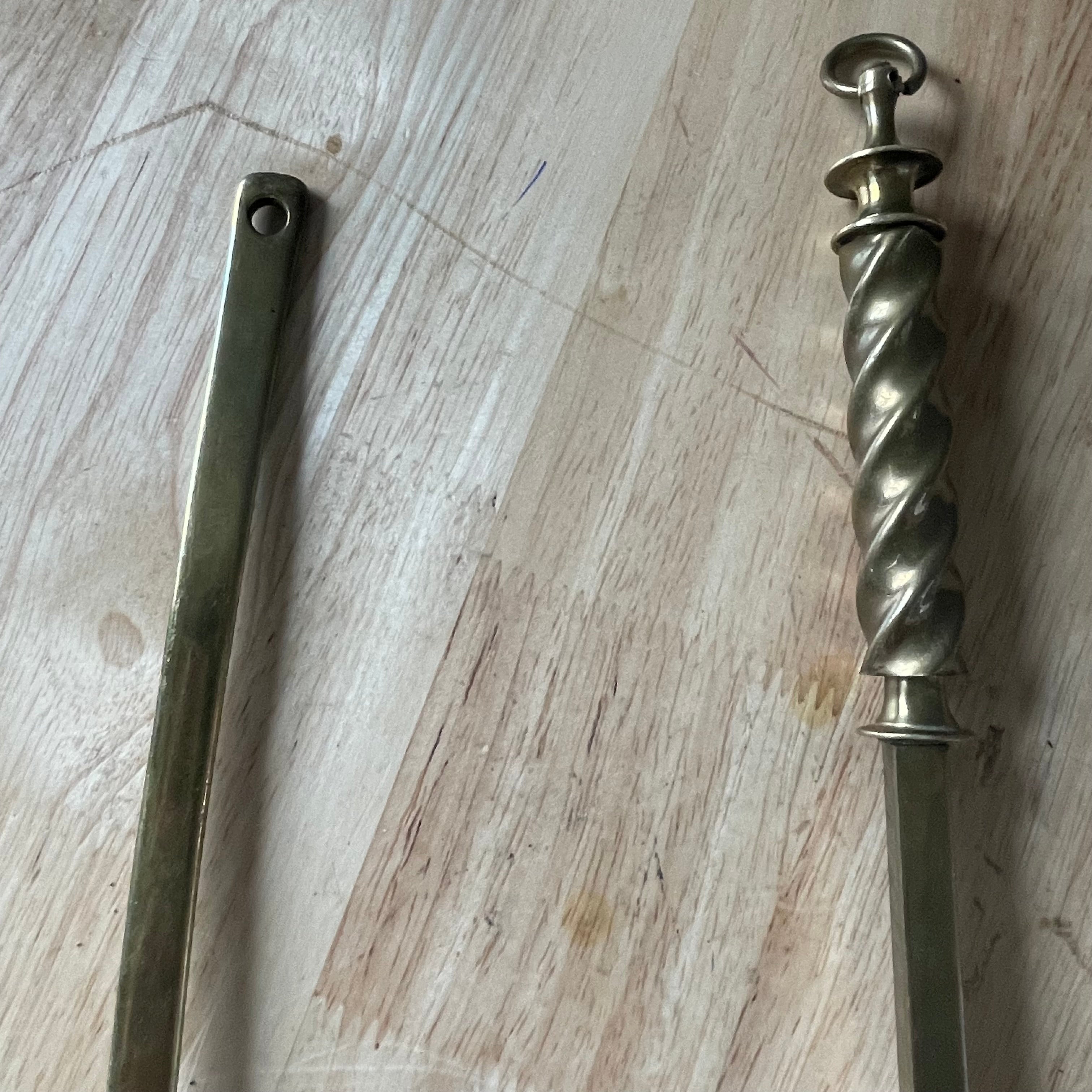 Set of 2 Antique 19th Century Brass Finialed Toasting Fork and Brass Skimmer