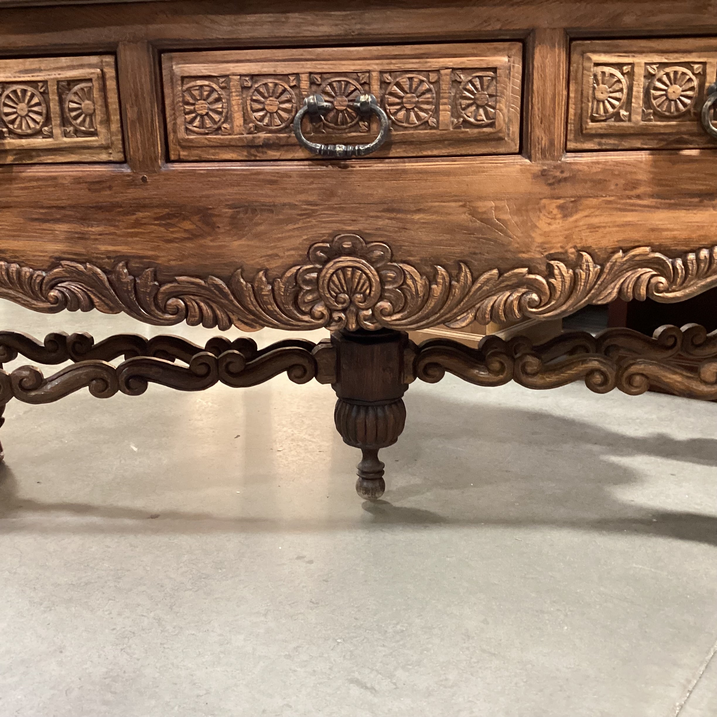 Rustic Western Hand Carved Solid Wood with Ornate Trestle 3 Drawer Accent Table 72"x 24"x 35.5"