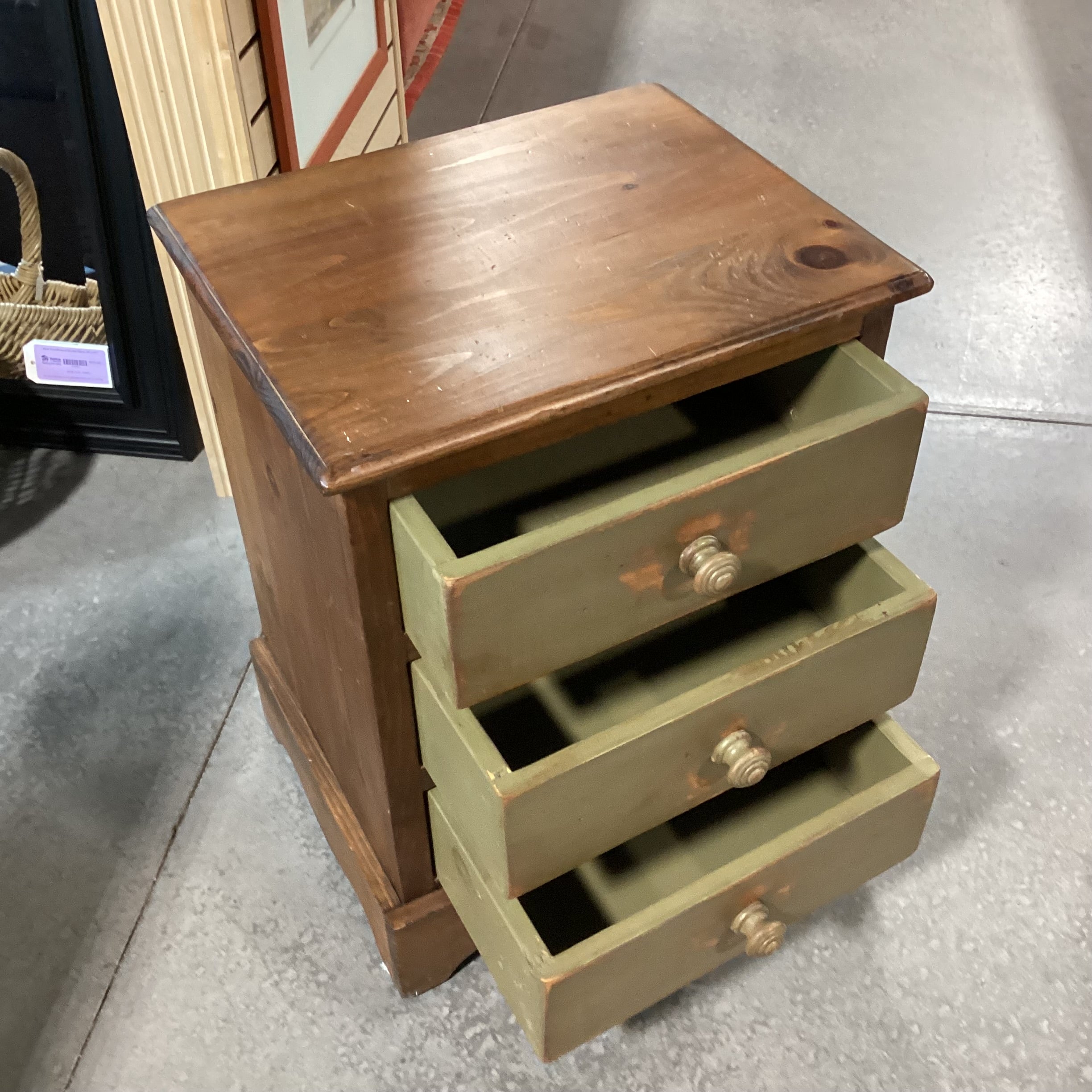 Rustic Distressed Pine with Olive Accent 3 Drawer Nightstand 20"x 16"x 26.5"