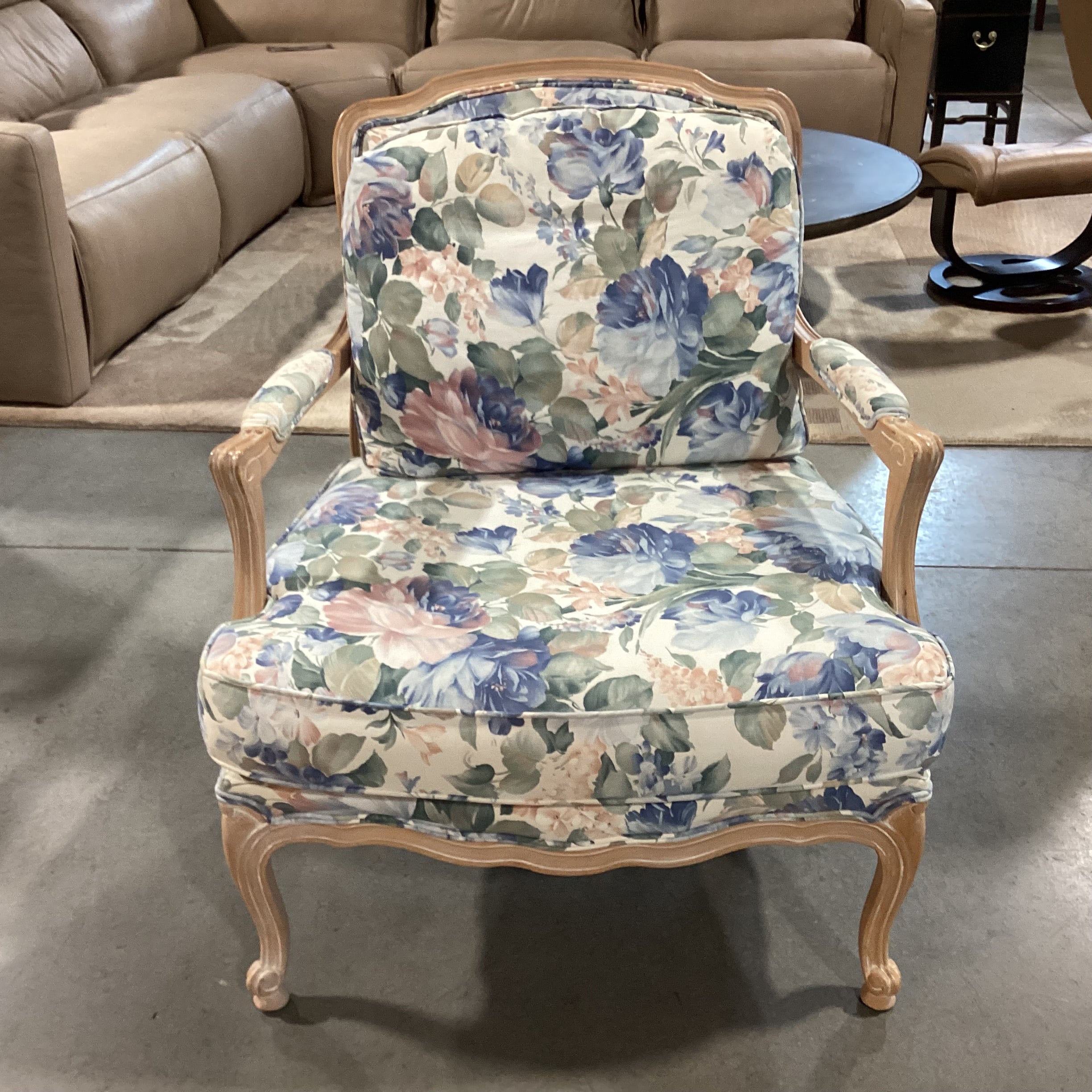 White Washed Carved Wood & Blue Floral Chair 30"x 32'x 35"