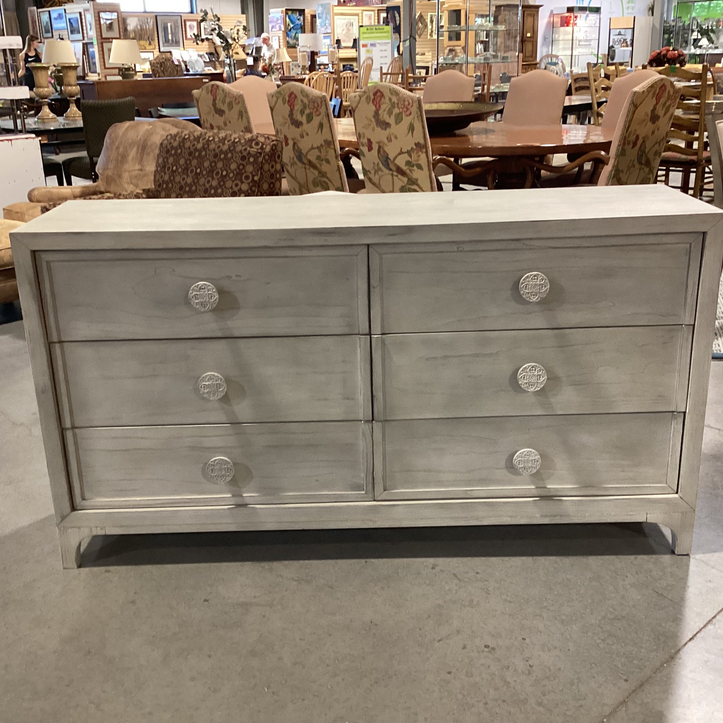 Bohemia White Washed Wood with Carved Mandala Pulls 6 Drawer Dresser 66"x 18"x 36"