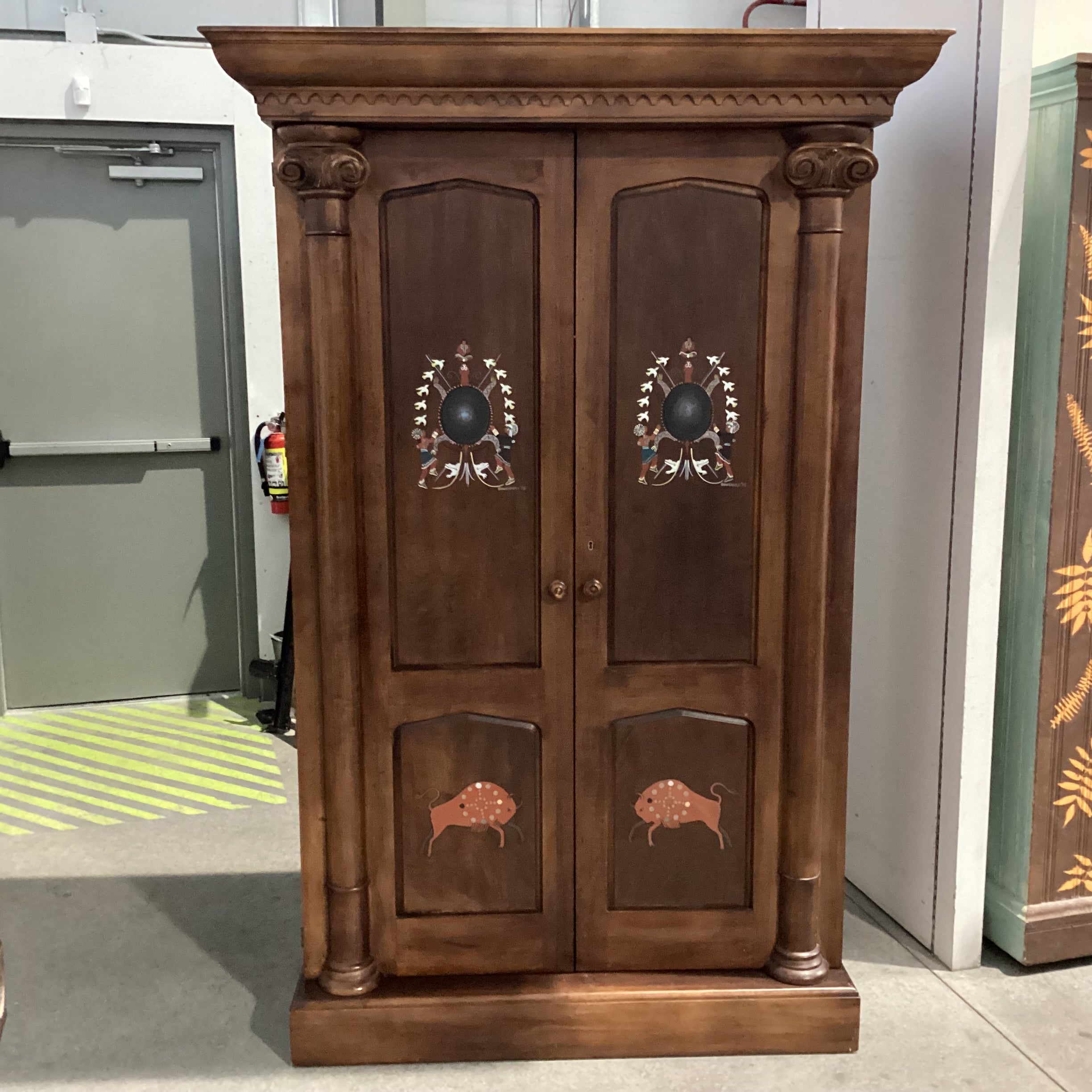 Custom Hand Painted Cheyenne Crow & Sioux Medicine Wheel Dark Finish Carved Wood Wardrobe Armoire 52.5"x 30.5"x 81"