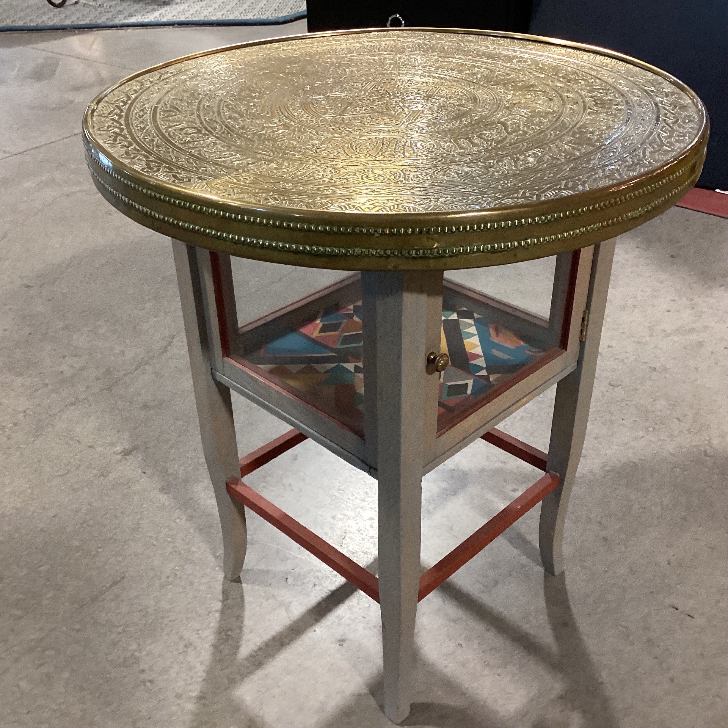 Middle East Brass Tray Top & Wood Glass 1 Door Base Accent Table 24" Diameter x 26"