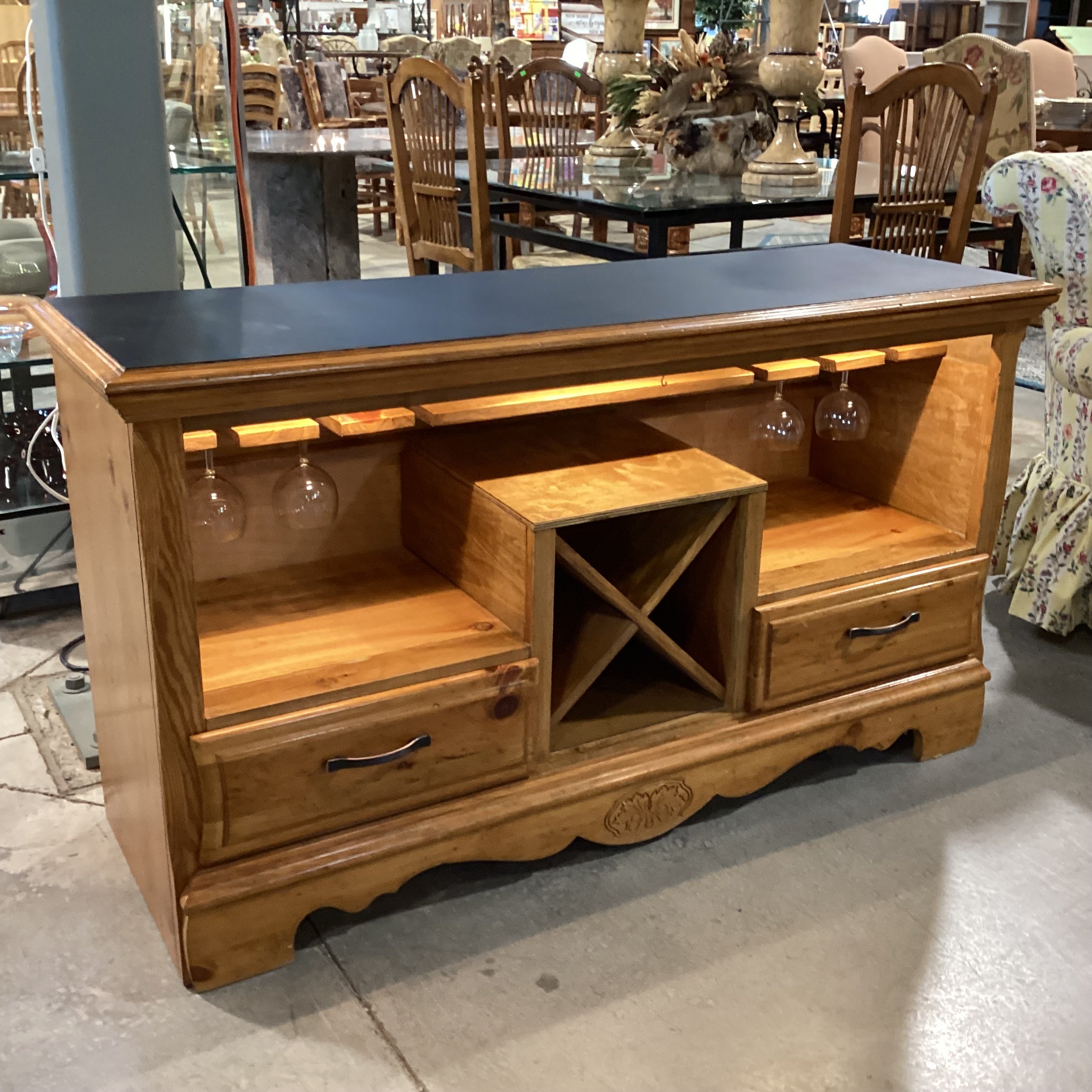 Carved Pine with Black Top Glass Slots Wine Rack 2 Drawer & Lighted Bar Buffet 54"x 18"x 30"