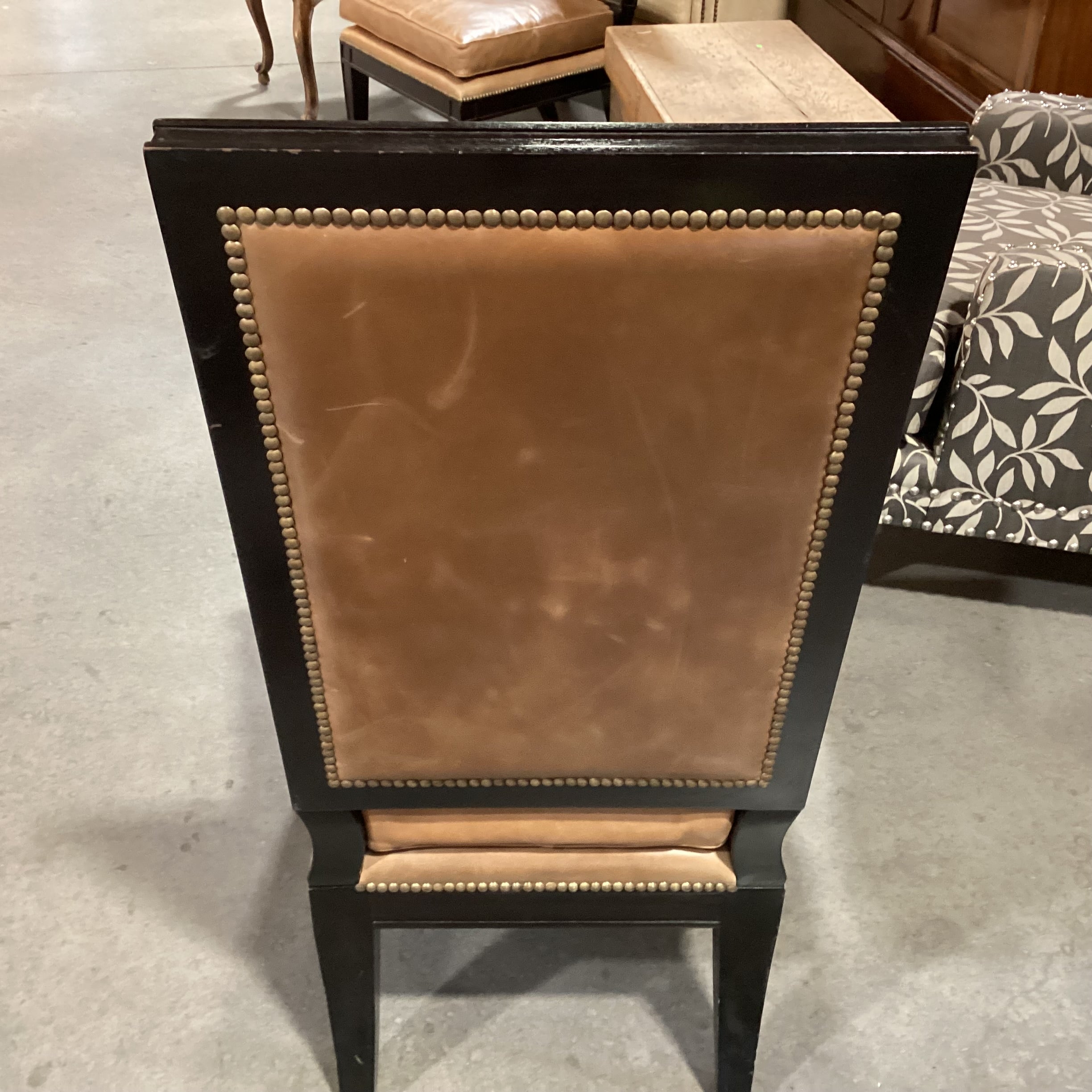 Tan Leather Nailhead & Black Wood Slipper Chair 27"x 27"x 42"