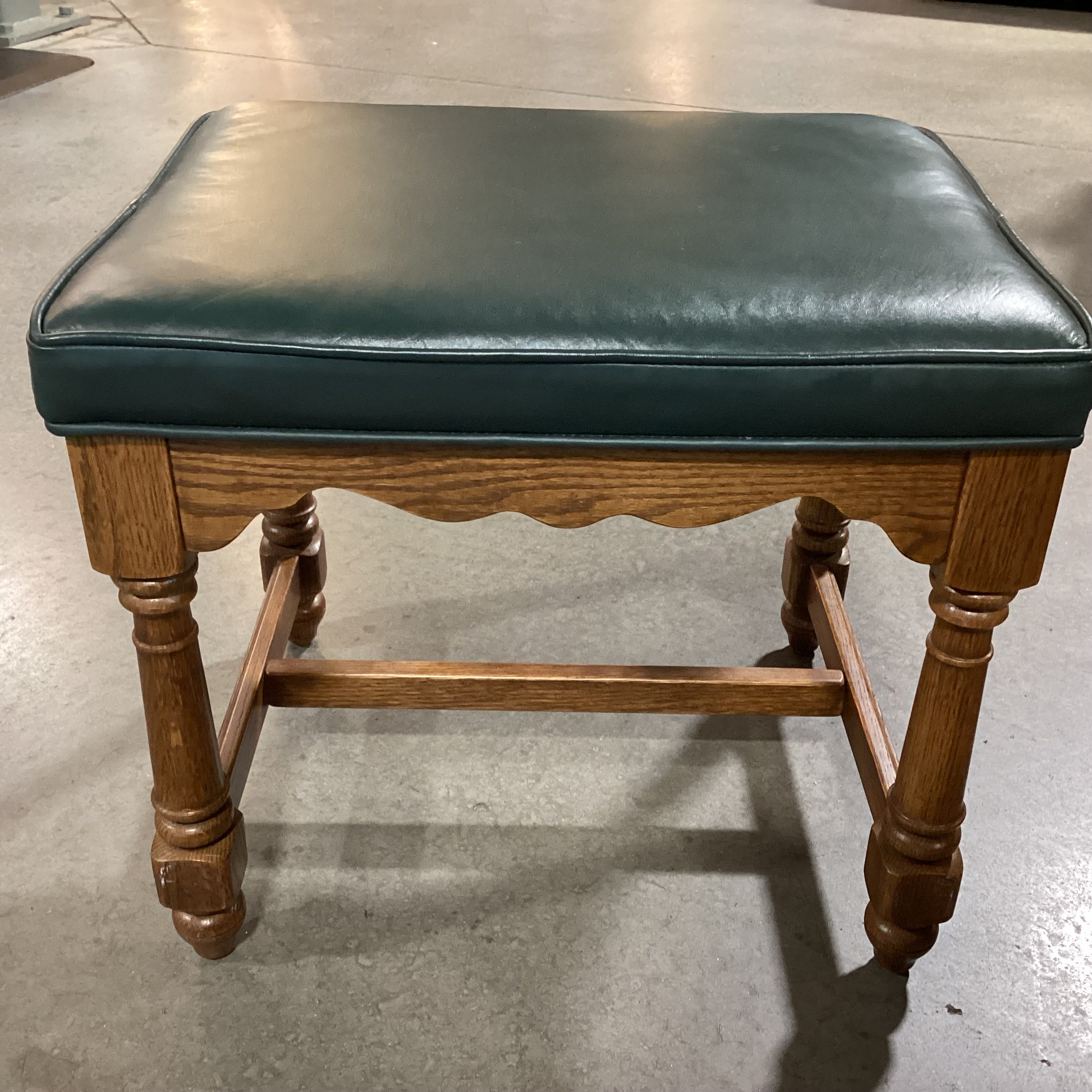 Forest Green Leather & Carved Wood Stool Ottoman 21"x 17"x 18.5"