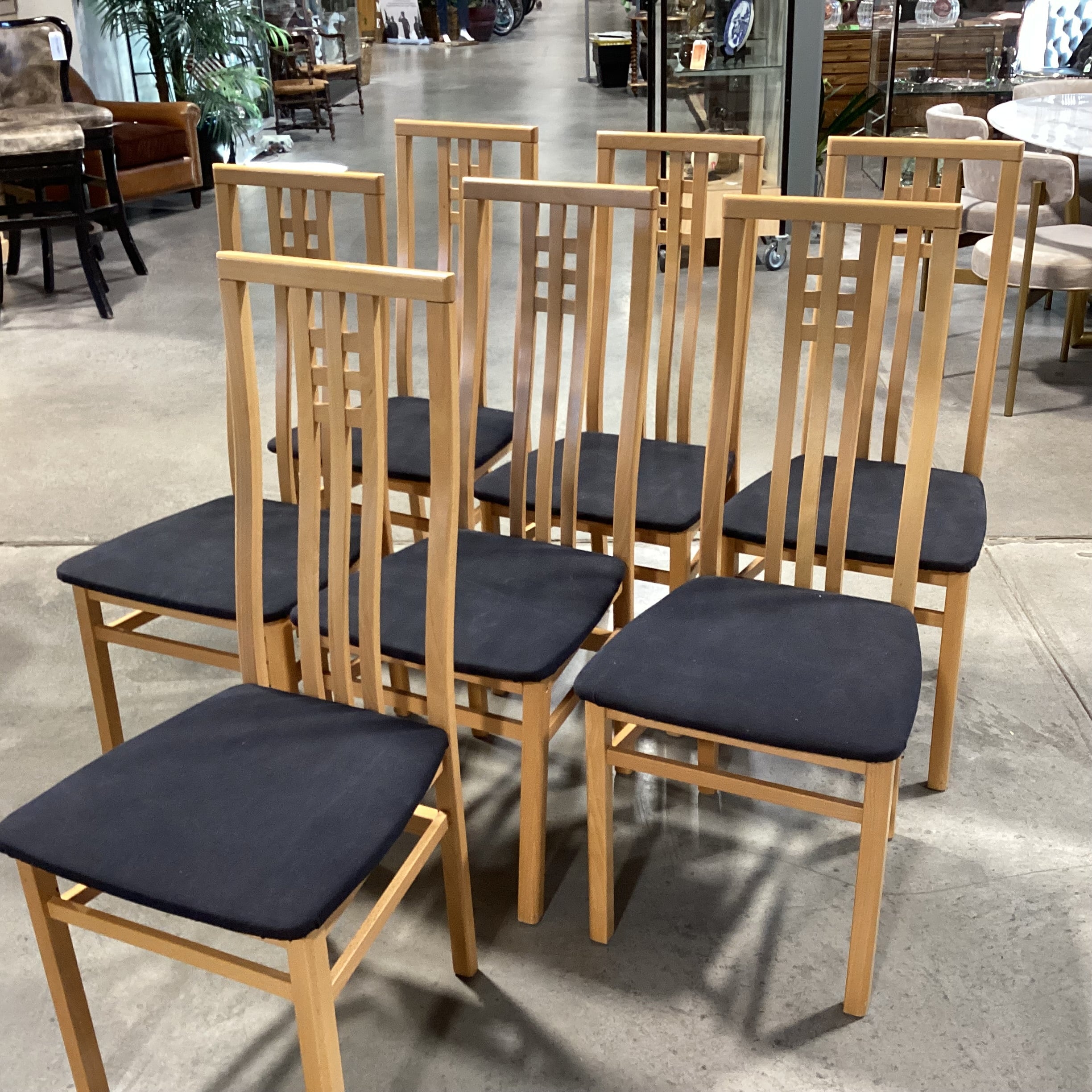 SET of 7 IMS SRL Italian Mid Century Style Teak with Black Seat Dining Chairs 18"x 20"x 42"