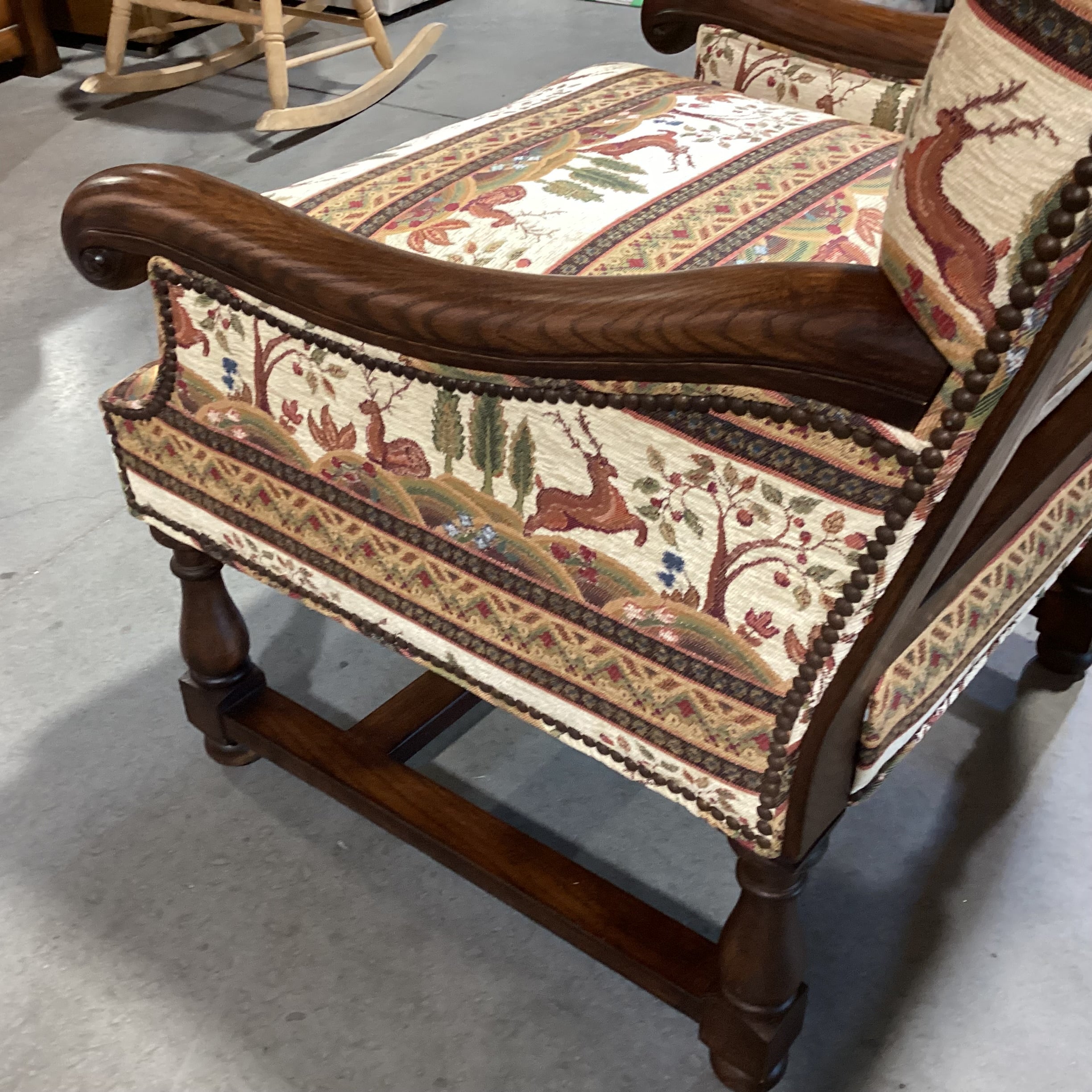 Dindy Foster Interiors Custom Deer Floral Nailhead & Carved Wood Highback Chair 31"x 31"x 47"