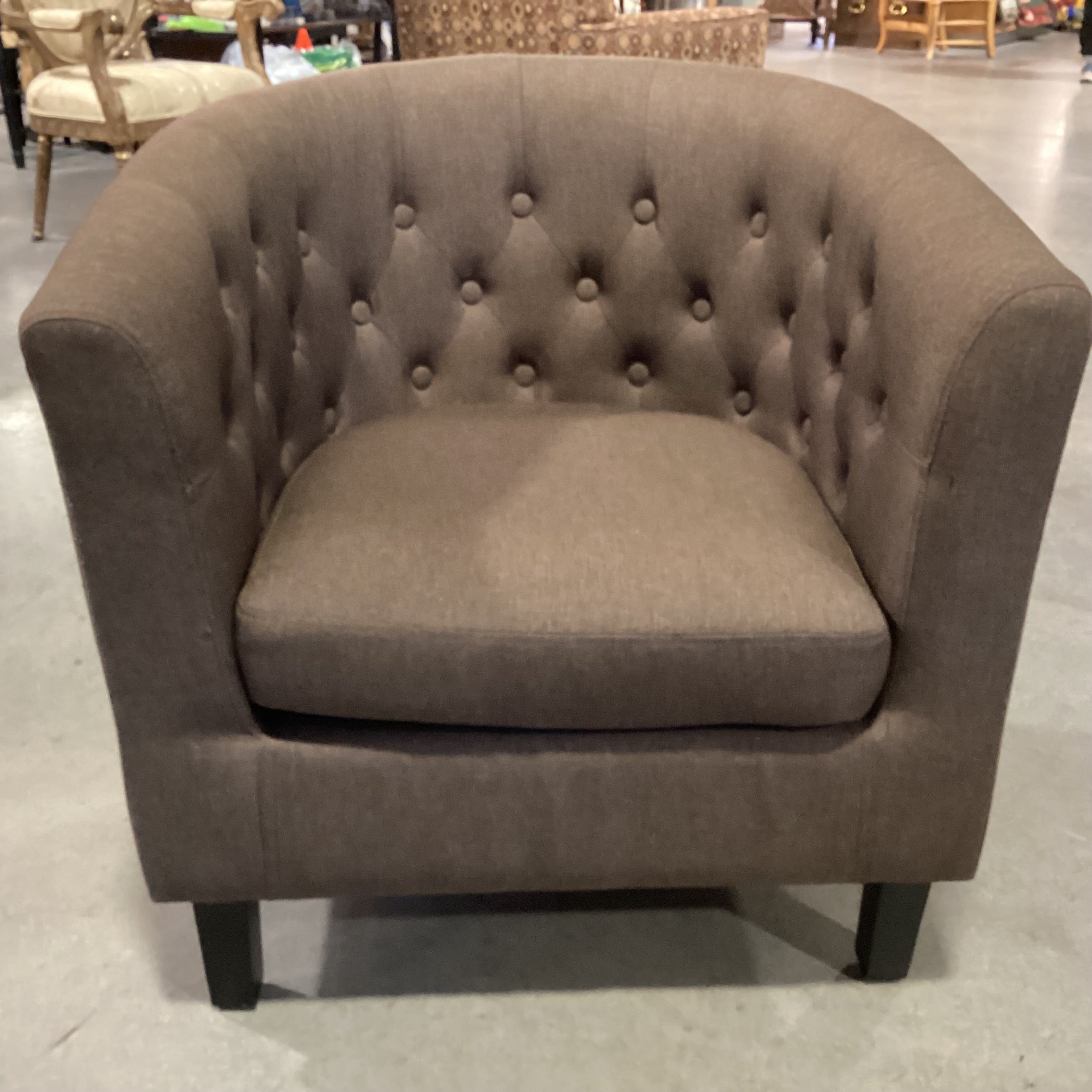 Brown Linen Button Tufted Barrel Chair 30"x 28"x 30"